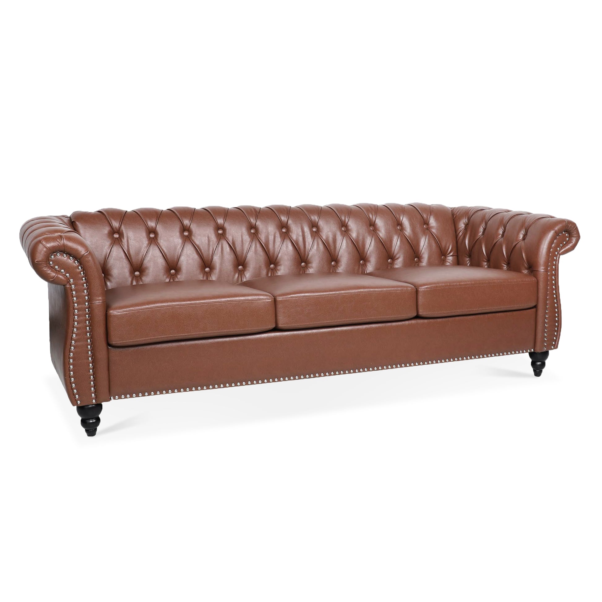 84.65"Brown Pu Rolled Arm Chesterfield Three Seater Sofa. Brown Foam Pu