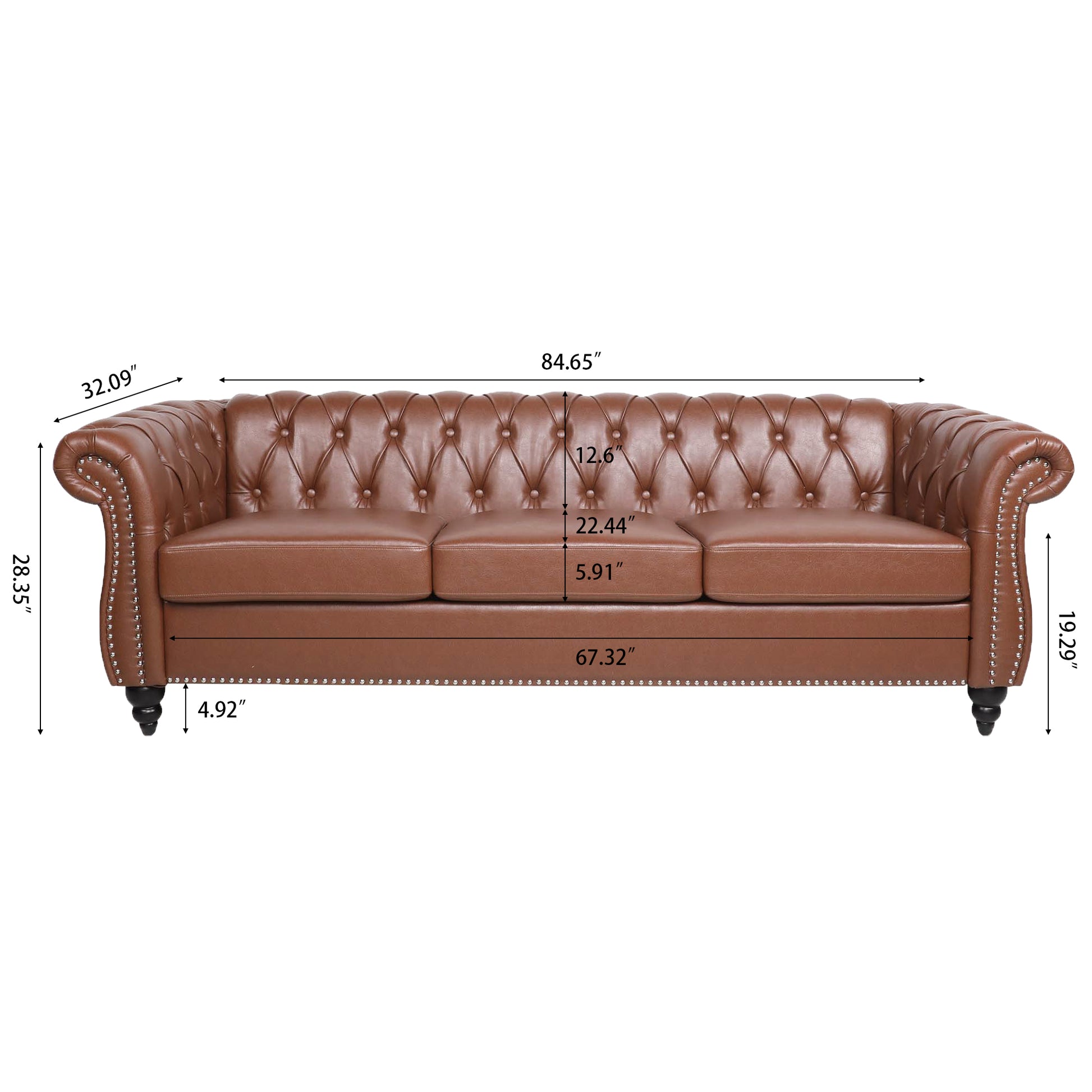 84.65"Brown Pu Rolled Arm Chesterfield Three Seater Sofa. Brown Foam Pu