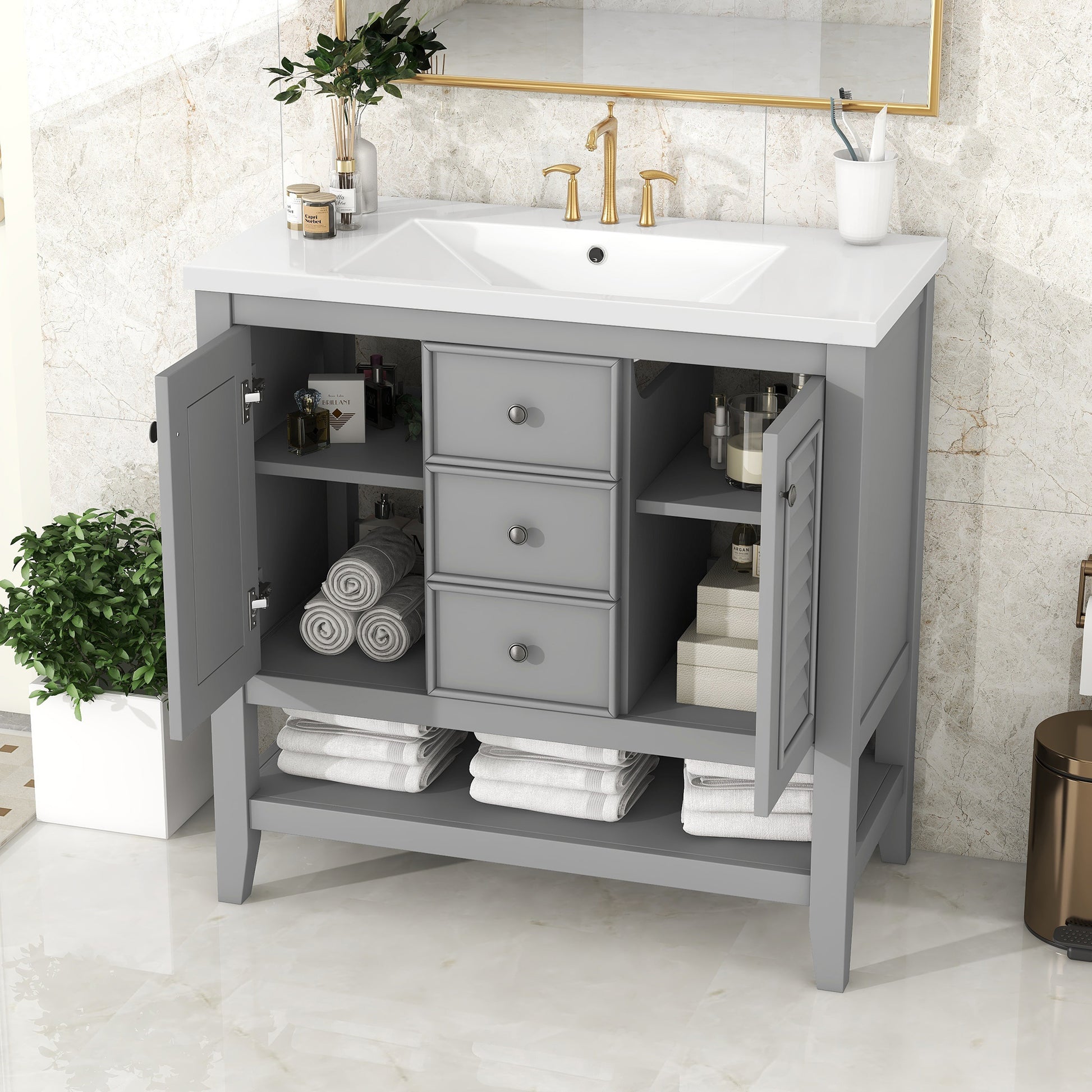 36" Bathroom Vanity With Ceramic Basin, Two Cabinets And Drawers, Open Shelf, Solid Wood Frame, Grey Old Sku: Sy999101Aae 1 Grey Solid Wood Mdf