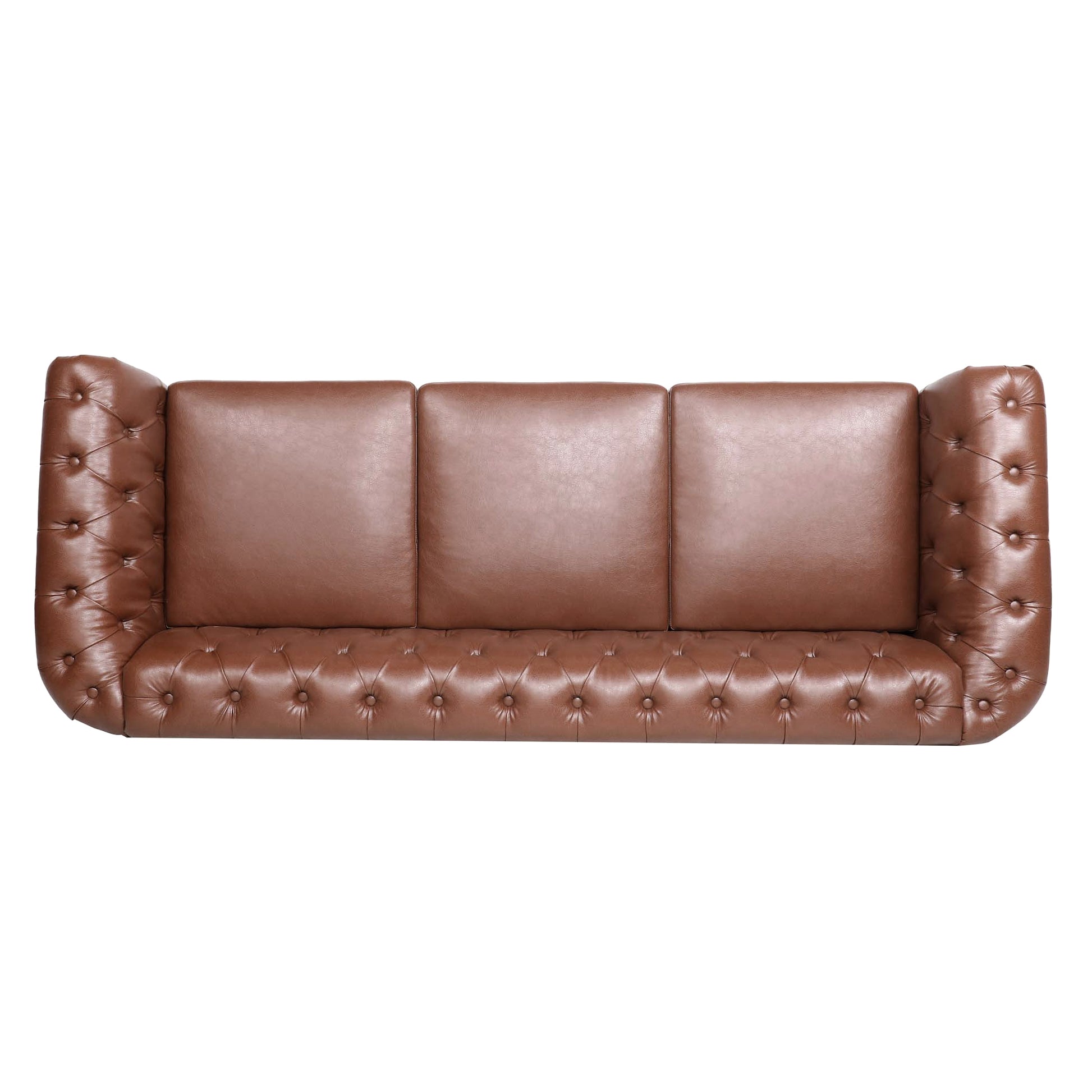 84.65"Brown Pu Rolled Arm Chesterfield Three Seater Sofa. Brown Foam Pu