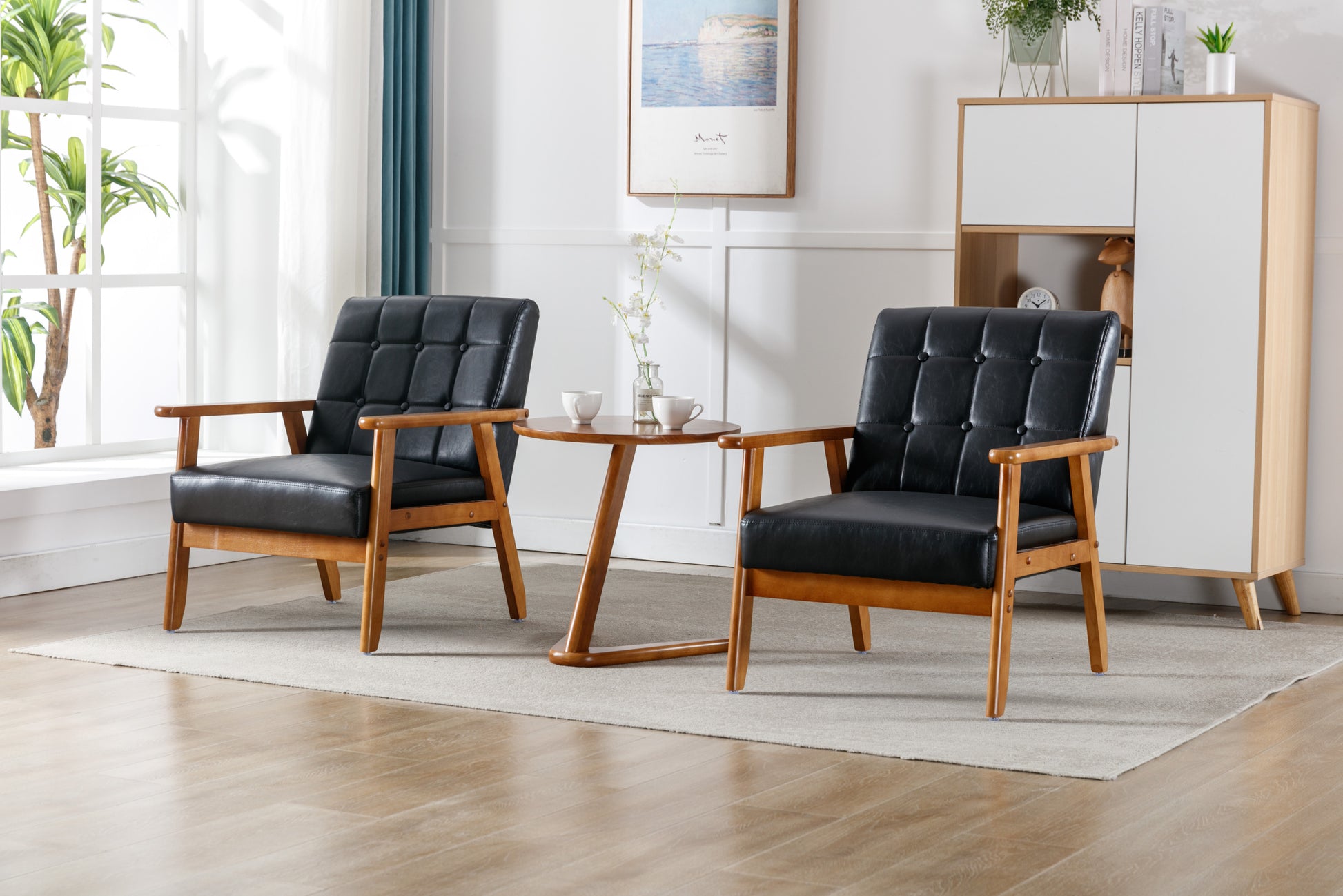 Accent Chairs Set Of 2 With Side Table, Mid Century Modern Accent Chair, Wood And Fabric Armchairs Side Chair, Lounge Reading Comfy Arm Chair For Living Room, Bedroom, Office Black Pu Pu Leather