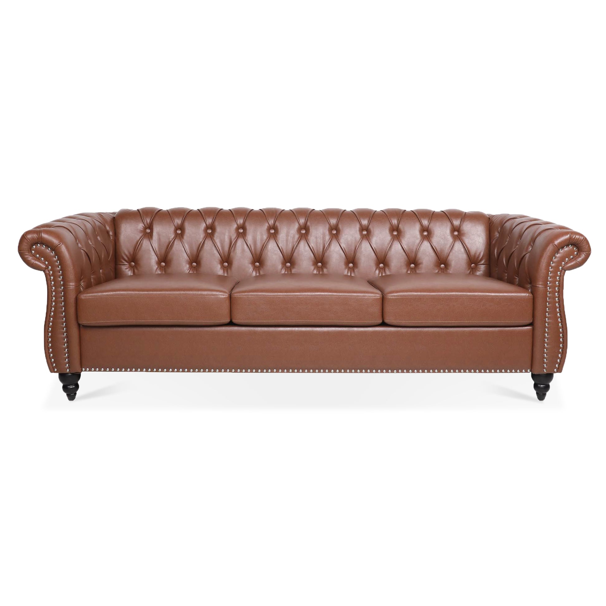 84.65"Brown Pu Rolled Arm Chesterfield Three Seater Sofa. Brown Foam Pu
