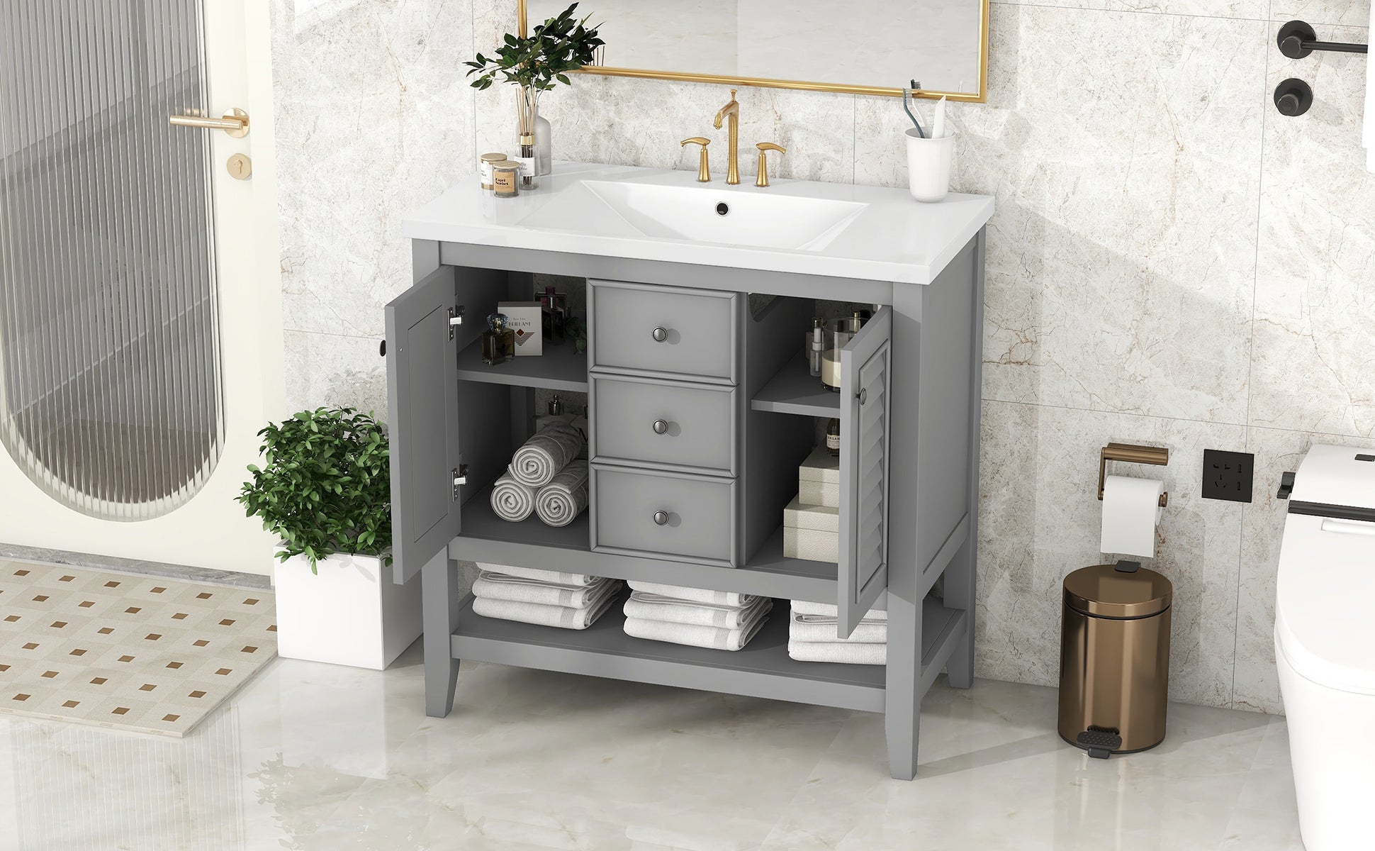 36" Bathroom Vanity With Ceramic Basin, Two Cabinets And Drawers, Open Shelf, Solid Wood Frame, Grey Old Sku: Sy999101Aae 1 Grey Solid Wood Mdf