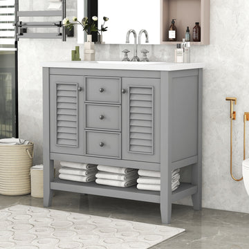 36" Bathroom Vanity With Ceramic Basin, Two Cabinets And Drawers, Open Shelf, Solid Wood Frame, Grey Old Sku: Sy999101Aae 1 Grey Solid Wood Mdf