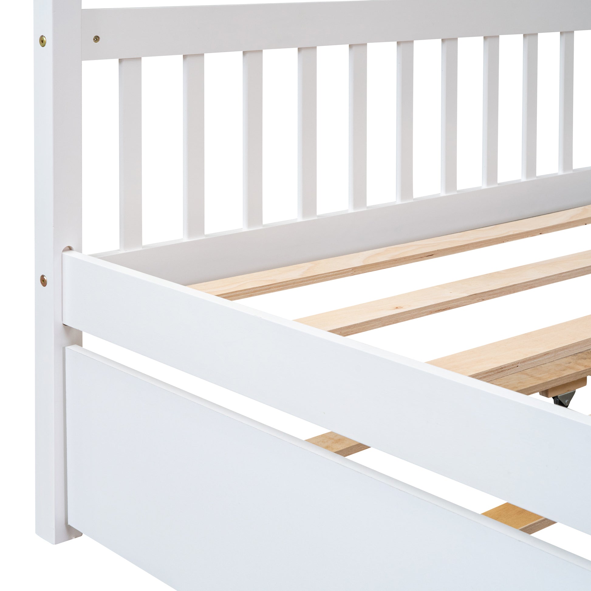 Full Size Wooden House Bed With Twin Size Trundle, White White Solid Wood