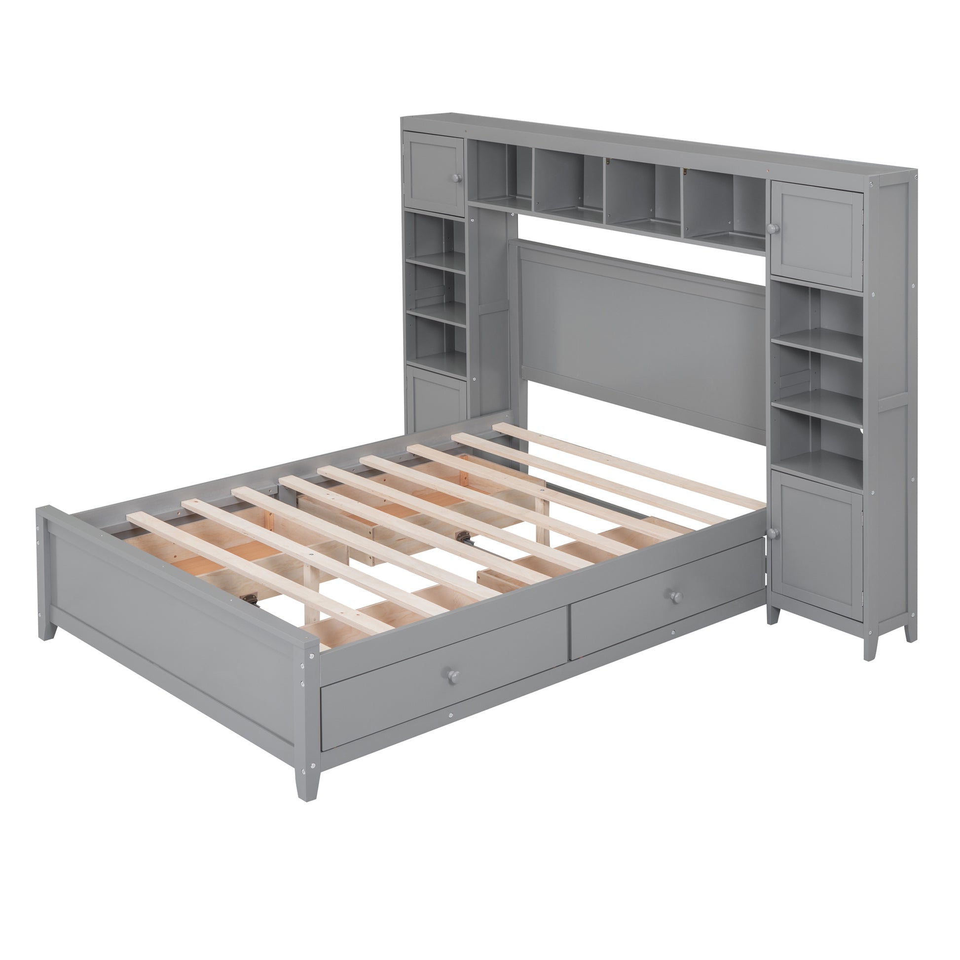 Full Size Wooden Bed With All In One Cabinet And Shelf, Gray Full Gray Solid Wood