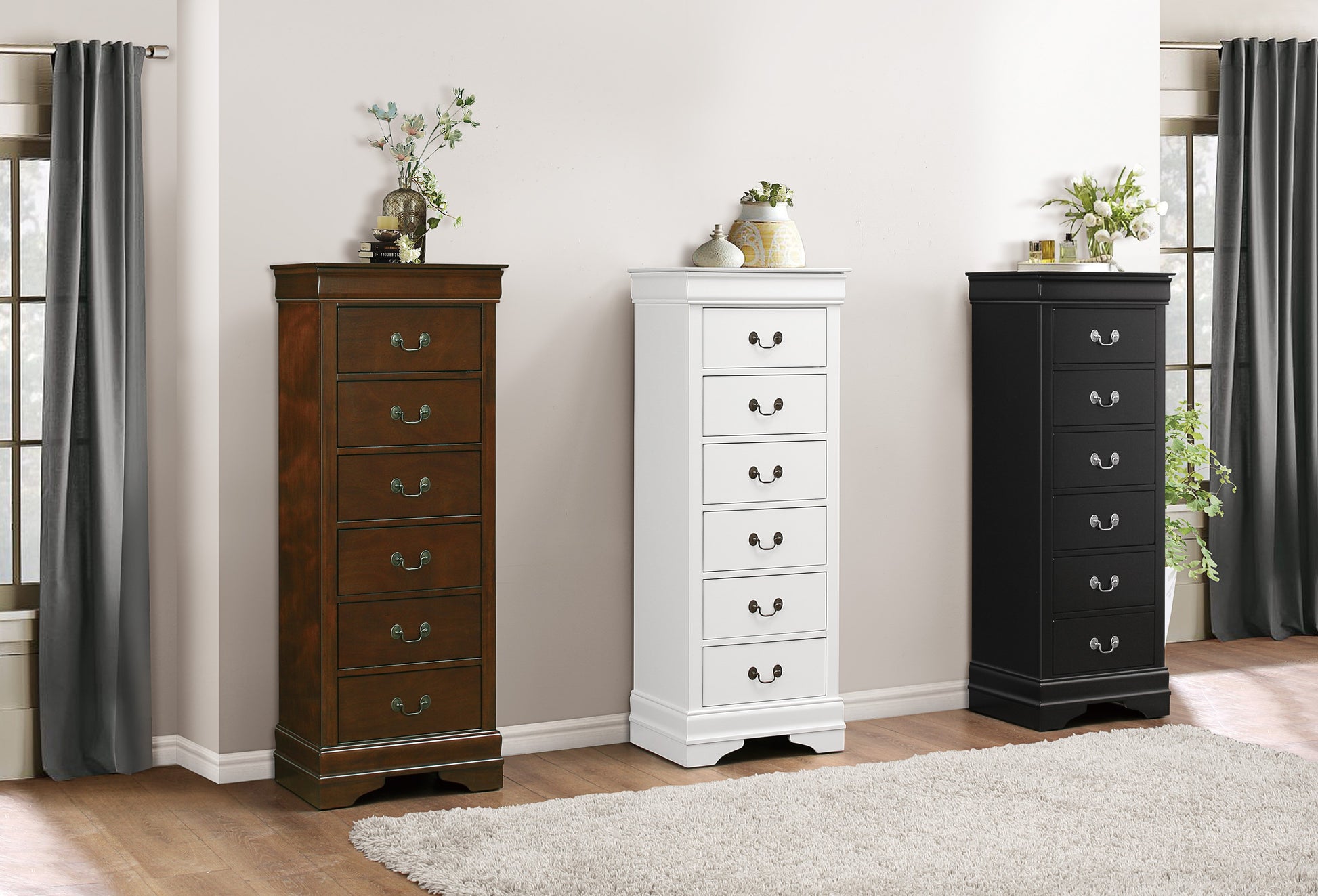 Traditional Design Louis Phillippe Style 1Pc Lingerie Chest Of 7X Drawers Brown Cherry Finish Hidden Drawers Wooden Furniture Brown Mix Drawer 5 Drawers & Above Bedroom Traditional Wood