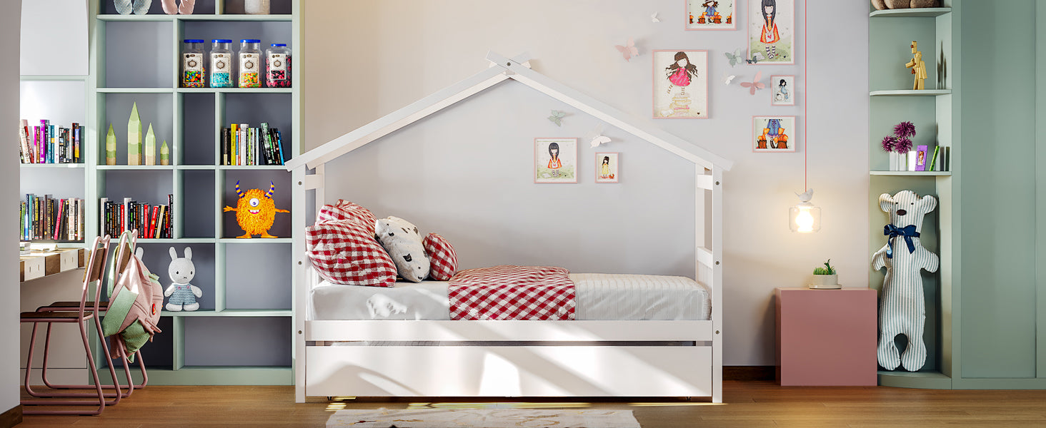 Full Size Wooden House Bed With Twin Size Trundle, White White Solid Wood