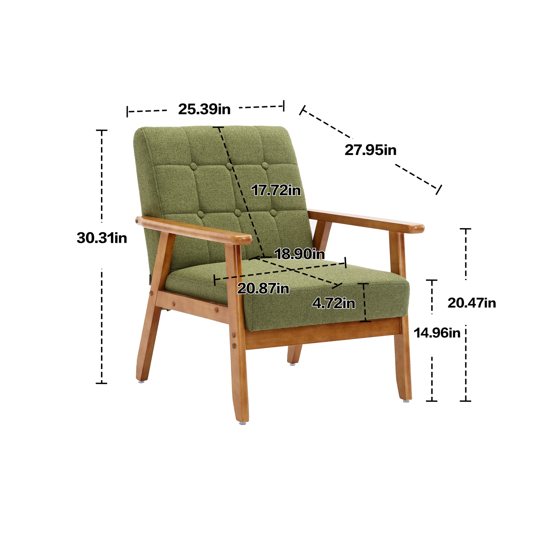 Accent Chairs Set Of 2 With Side Table, Mid Century Modern Accent Chair, Wood And Fabric Armchairs Side Chair, Lounge Reading Comfy Arm Chair For Living Room, Bedroom, Office Green Linen