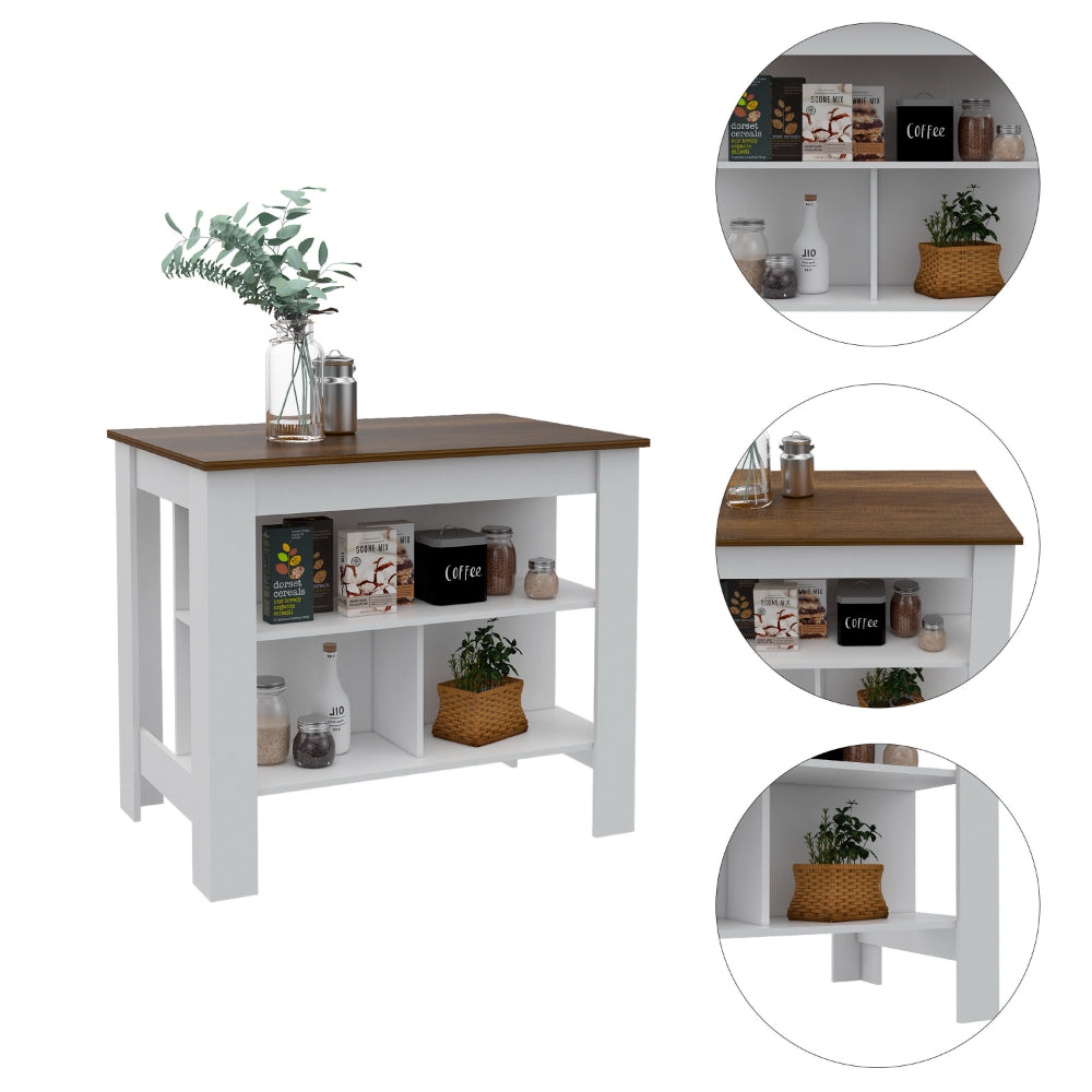 Sierra 7 Shelf 4 Door 2 Piece Kitchen Set, Upper Wall Cabinet And Kitchen Island White And Walnut White Mdf