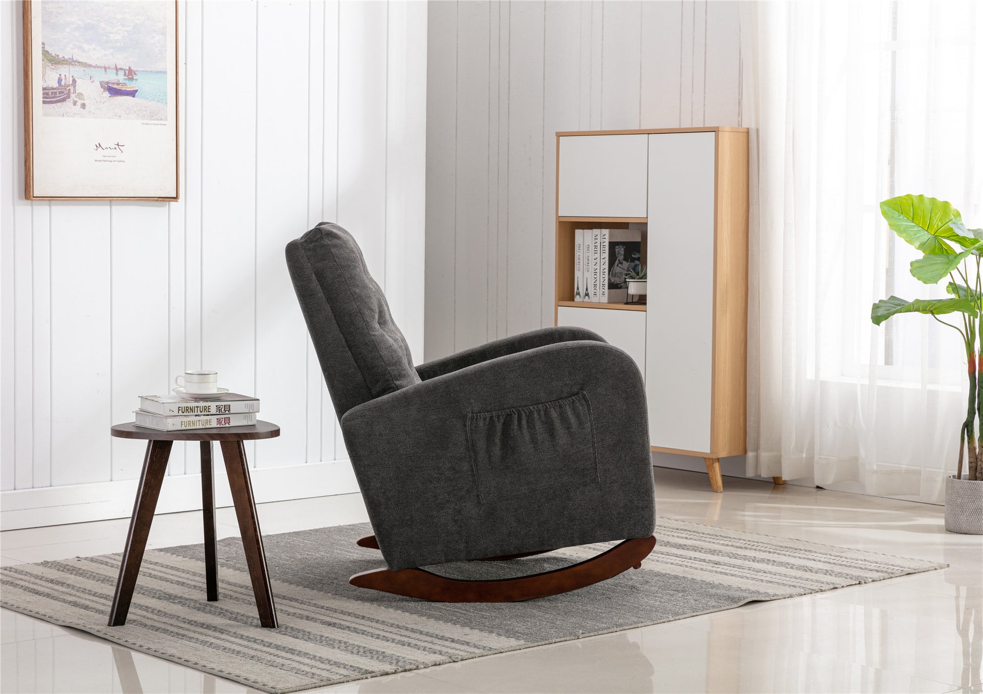 High Back Rocking Chair Nursery Chair .Comfortable Rocker Fabric Padded Seat .Modern High Back Armchair Dark Gray Polyester