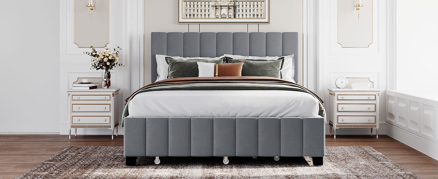Queen Size Velvet Upholstered Platform Bed With 2 Drawers And 1 Twin Xl Trundle Gray Gray Upholstered