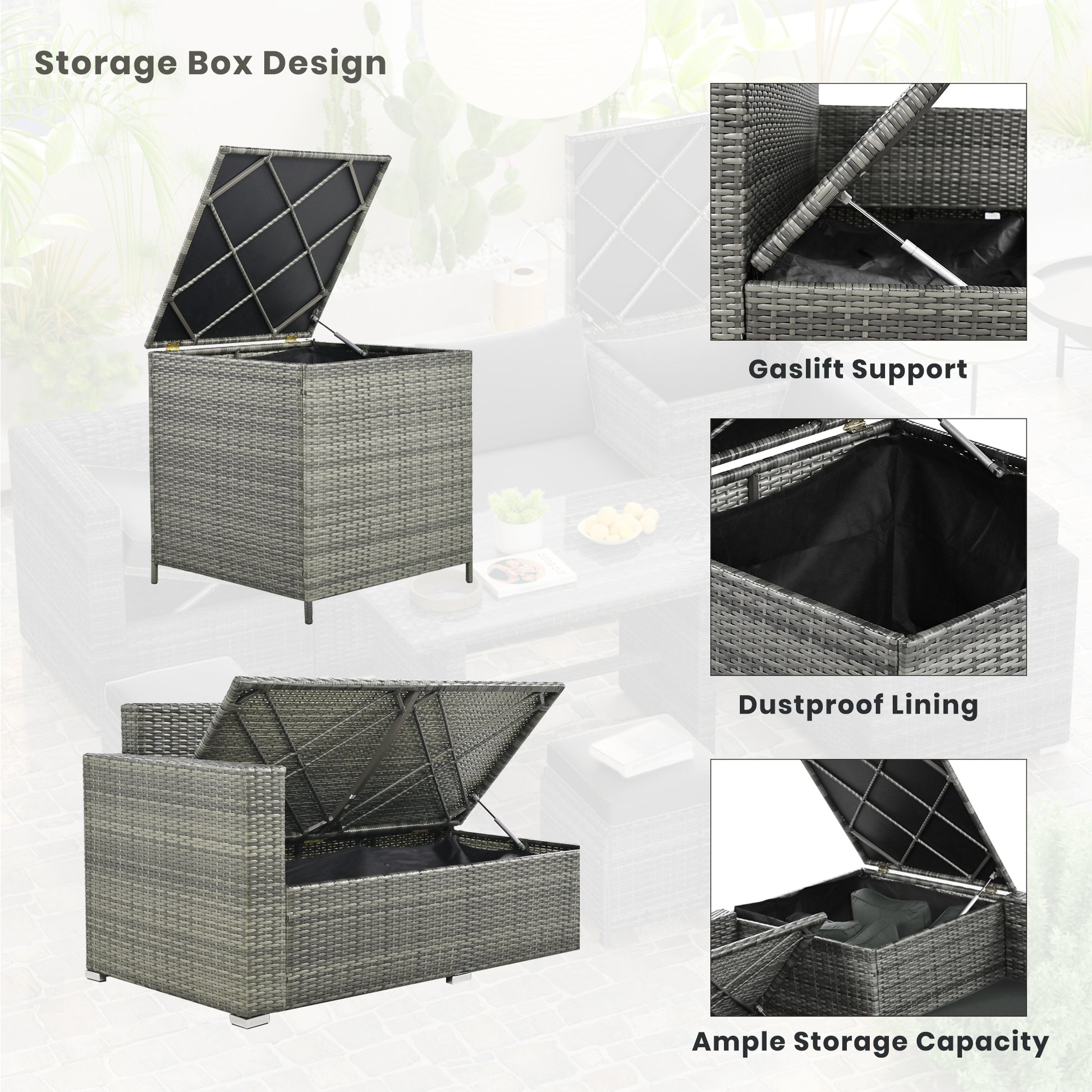 Outdoor 6 Piece All Weather Pe Rattan Sofa Set, Garden Patio Wicker Sectional Furniture Set With Adjustable Seat, Storage Box, Removable Covers And Tempered Glass Top Table,Grey Yes Complete Patio