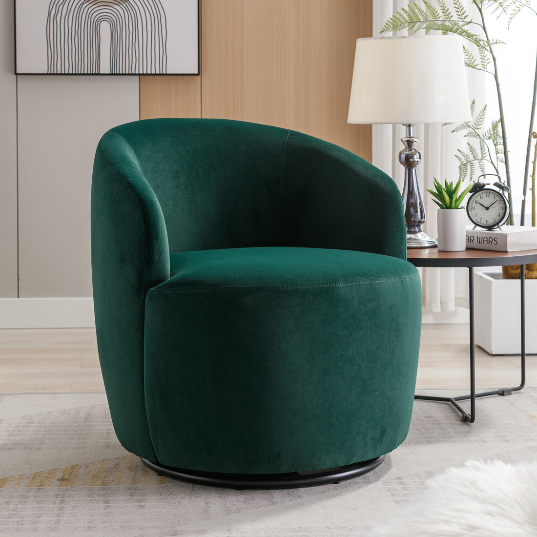 Velvet Fabric Swivel Accent Armchair Barrel Chair With Black Powder Coating Metal Ring,Green Green Foam Velvet