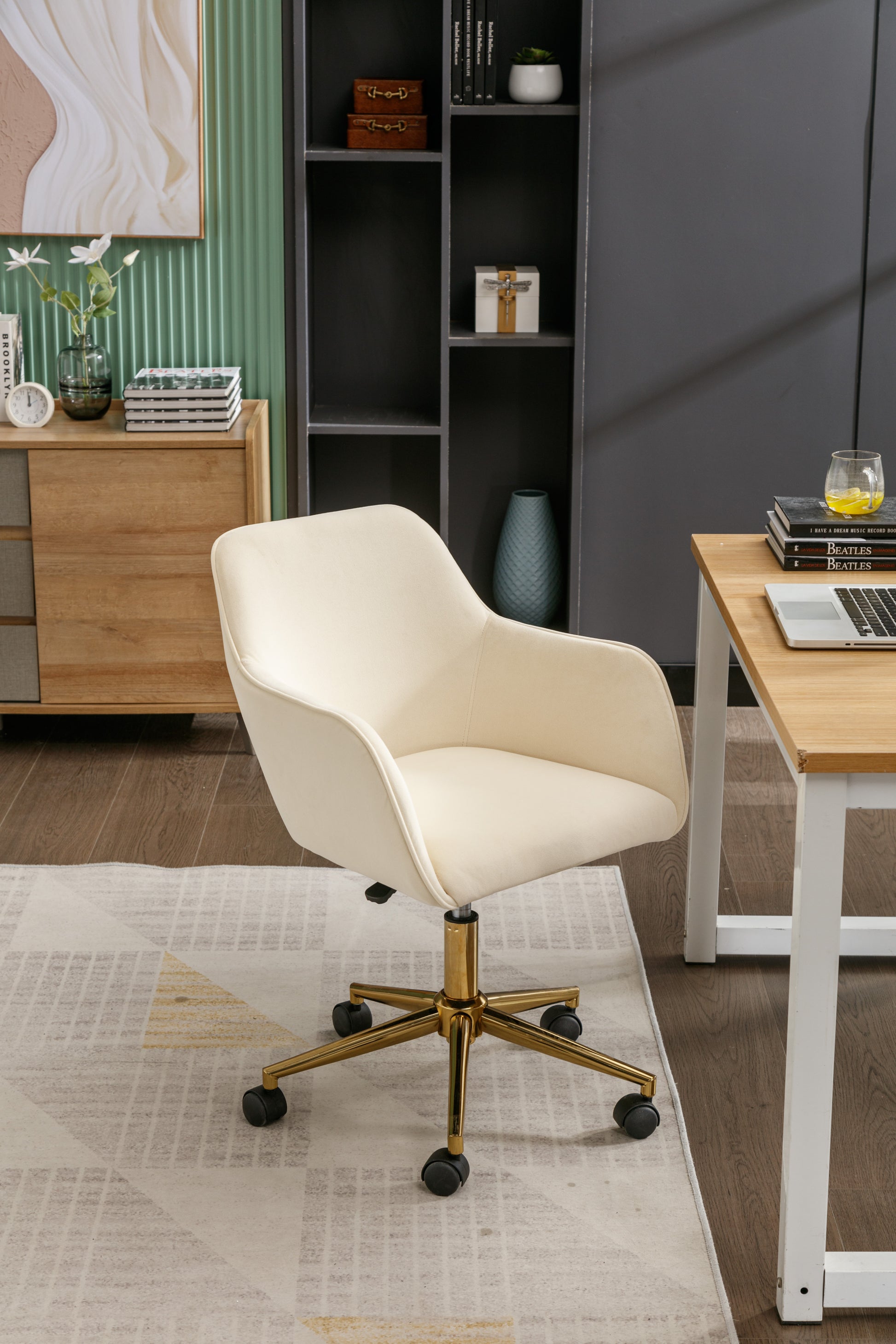 Modern Velvet Fabric Material Adjustable Height 360 Revolving Home Office Chair With Gold Metal Legs And Universal Wheels For Indoor,Beige Beige Foam Velvet