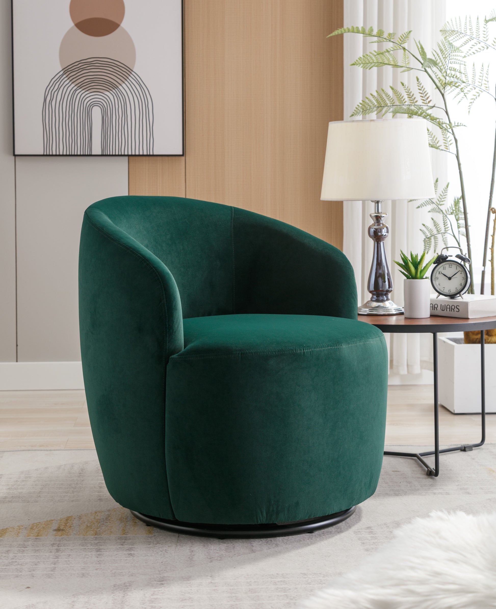 Velvet Fabric Swivel Accent Armchair Barrel Chair With Black Powder Coating Metal Ring,Green Green Foam Velvet