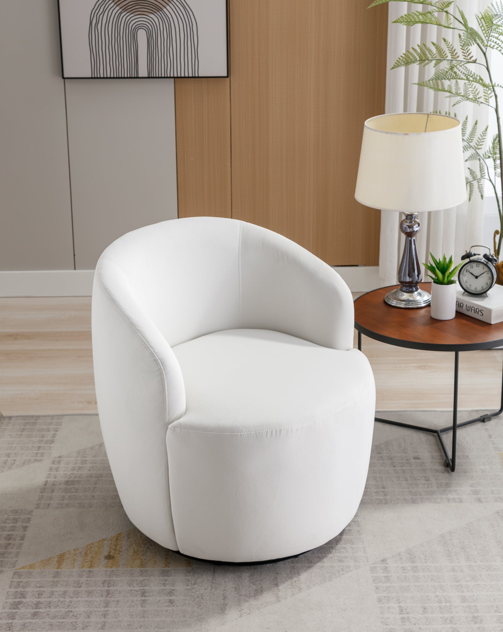 Velvet Fabric Swivel Accent Armchair Barrel Chair With Black Powder Coating Metal Ring,White White Foam Velvet