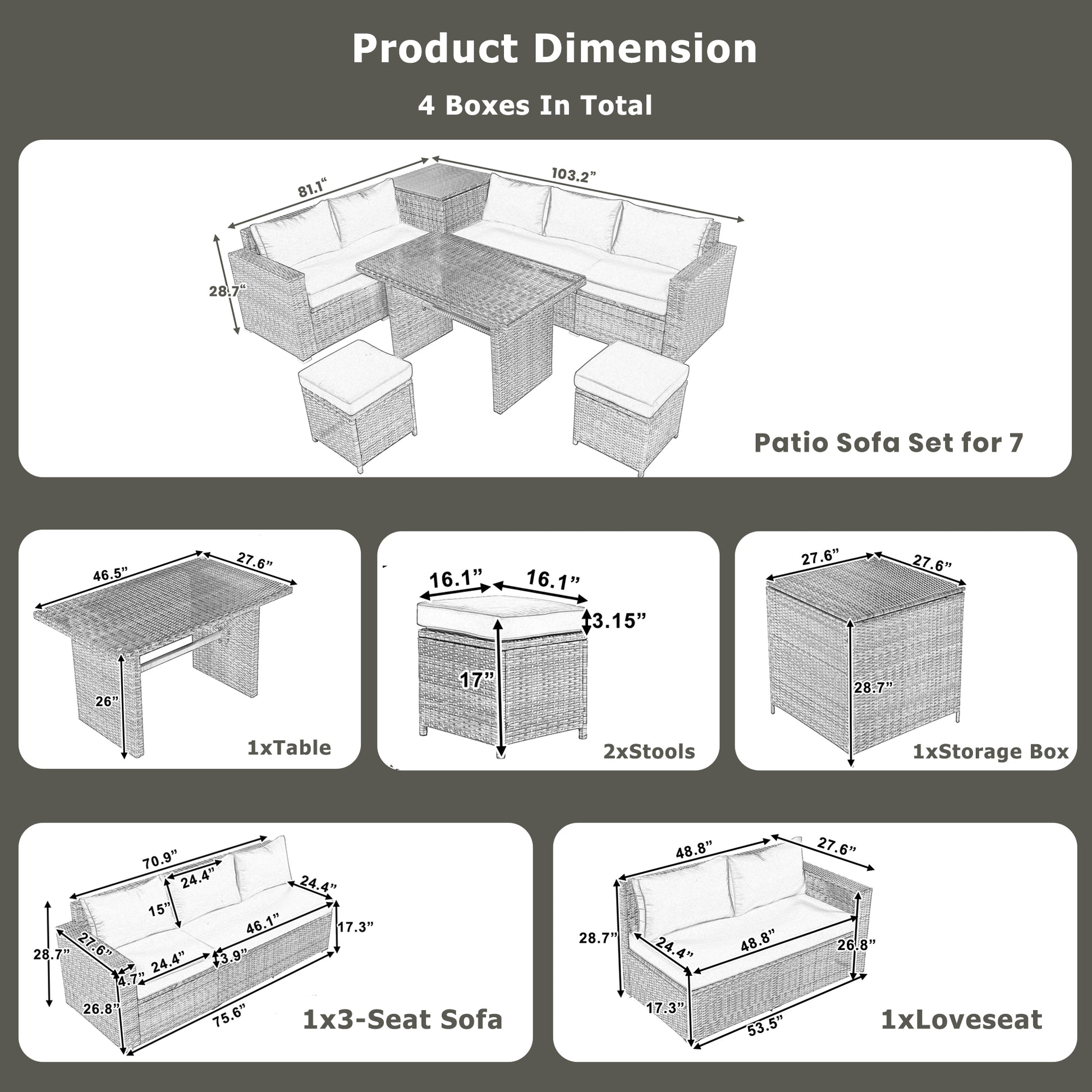 Outdoor 6 Piece All Weather Pe Rattan Sofa Set, Garden Patio Wicker Sectional Furniture Set With Adjustable Seat, Storage Box, Removable Covers And Tempered Glass Top Table,Grey Yes Complete Patio