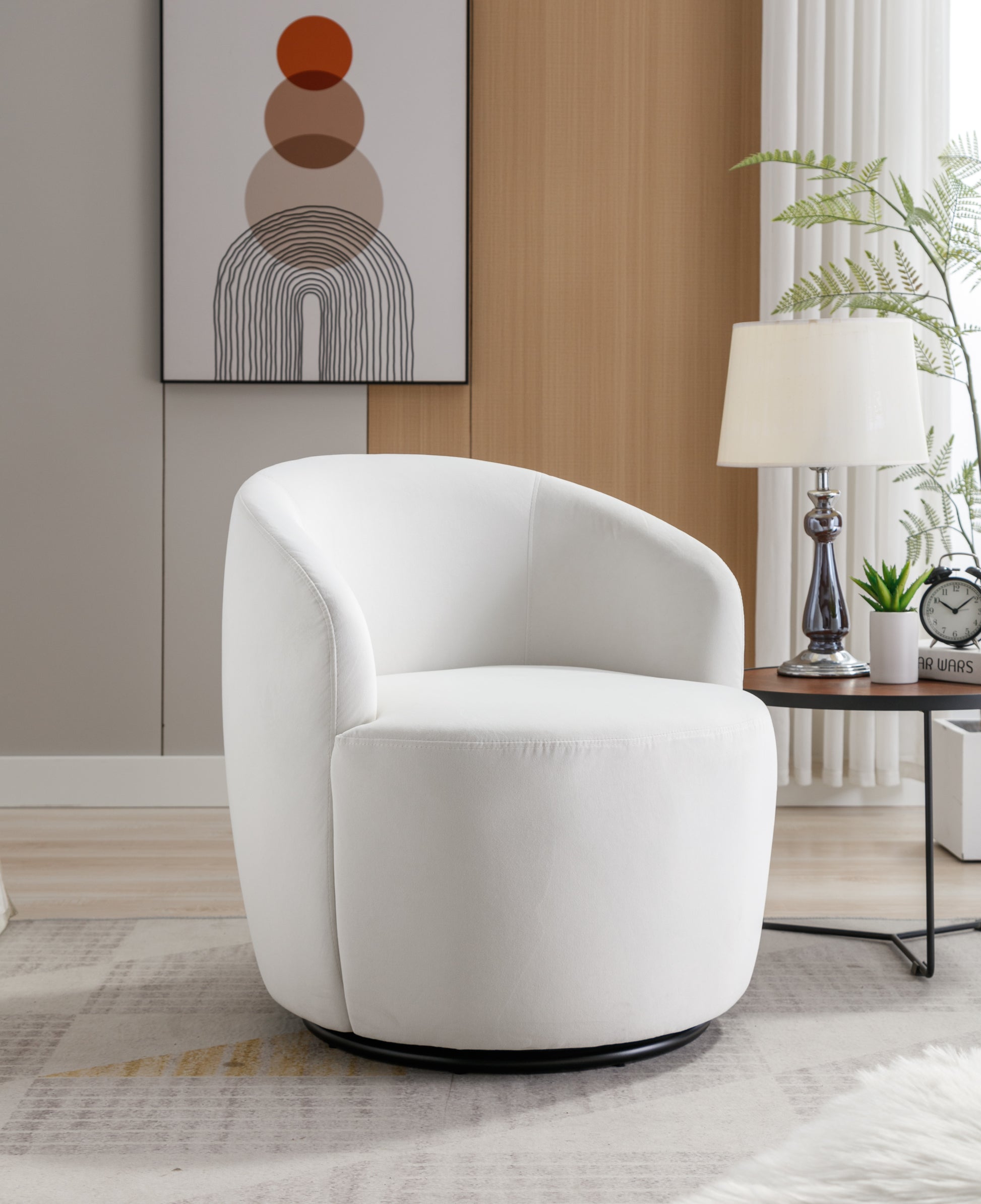 Velvet Fabric Swivel Accent Armchair Barrel Chair With Black Powder Coating Metal Ring,White White Foam Velvet