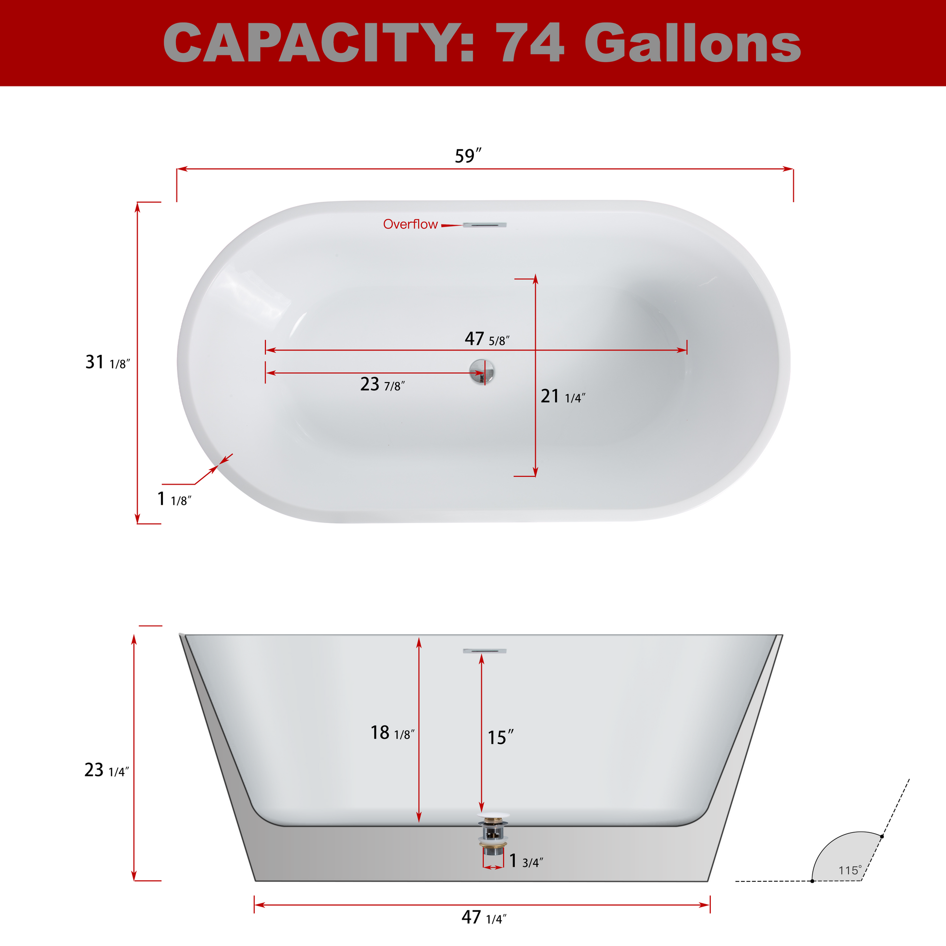 60" Acrylic Freestanding Soaking Bathtub With Chrome Overflow And Drain In Black, Cupc Certified 59*31.1, Glossy Black 22A02 60B Black Fiberglass Acrylic