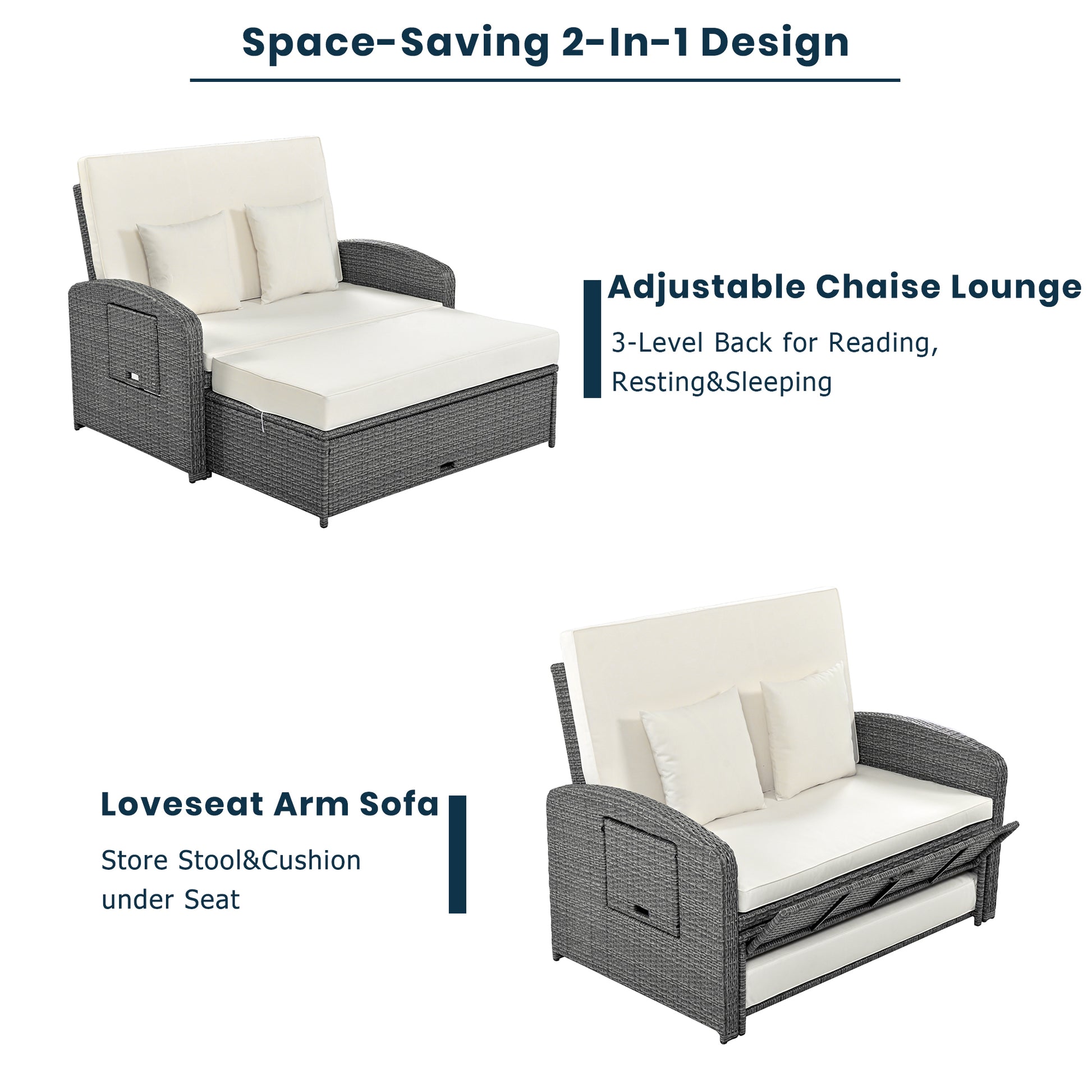Pe Wicker Rattan Double Chaise Lounge, 2 Person Reclining Daybed With Adjustable Back And Cushions, Free Furniture Protection Cover, White Yes Complete Patio Set White Water Resistant Frame Water Resistant Cushion Garden & Outdoor Casual Sofa Seating