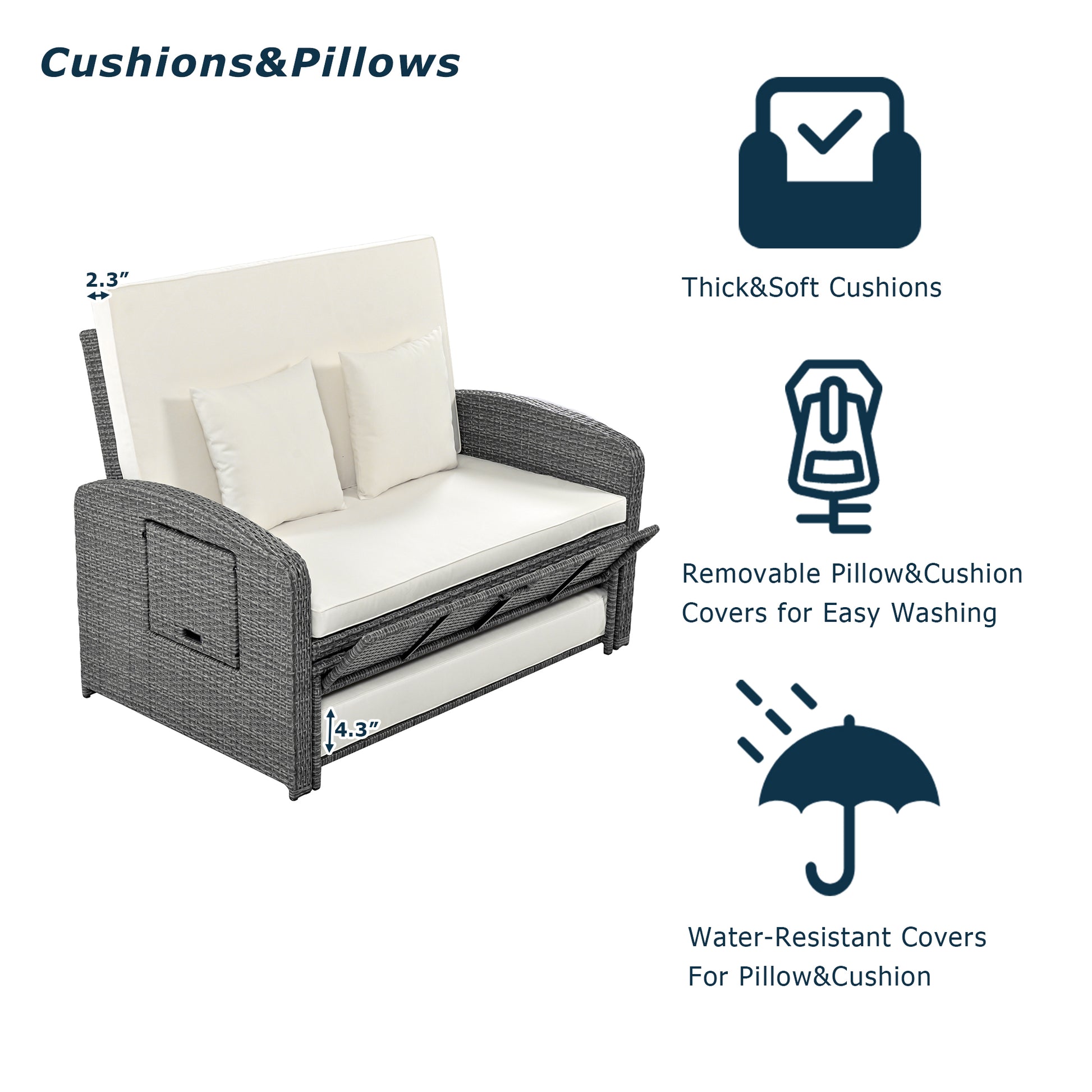 Pe Wicker Rattan Double Chaise Lounge, 2 Person Reclining Daybed With Adjustable Back And Cushions, Free Furniture Protection Cover, White Yes Complete Patio Set White Water Resistant Frame Water Resistant Cushion Garden & Outdoor Casual Sofa Seating
