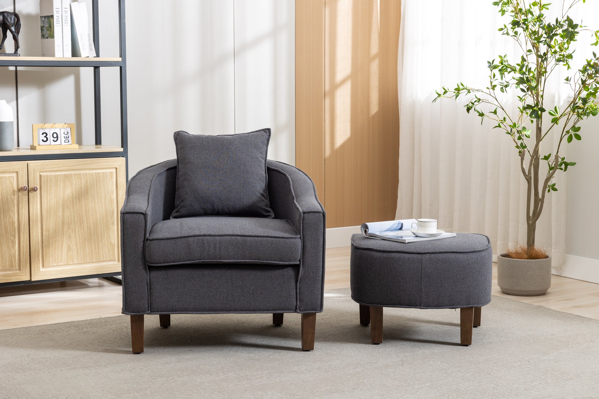 Coolmore Accent Chair With Ottoman, Mid Century Modern Barrel Chair Upholstered Club Tub Round Arms Chair For Living Room Dark Gray Linen