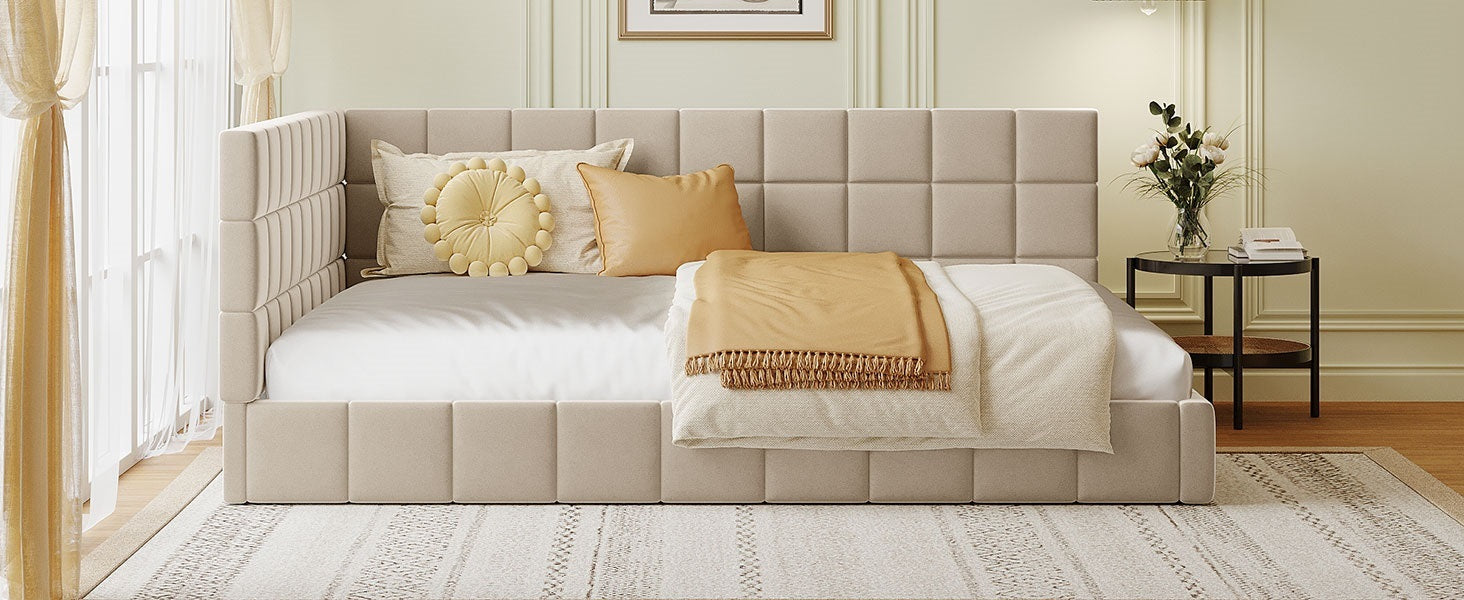 Full Size Upholstered Daybed Sofa Bed Frame Beige, Velvet Beige Upholstered