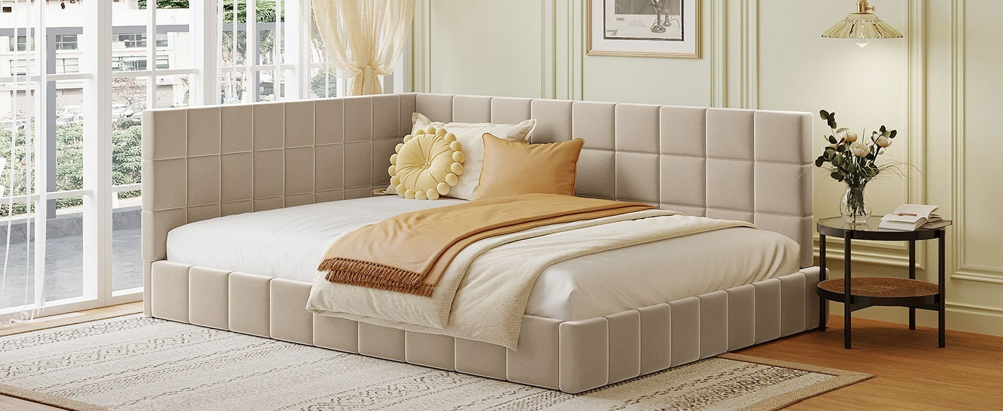 Full Size Upholstered Daybed Sofa Bed Frame Beige, Velvet Beige Upholstered