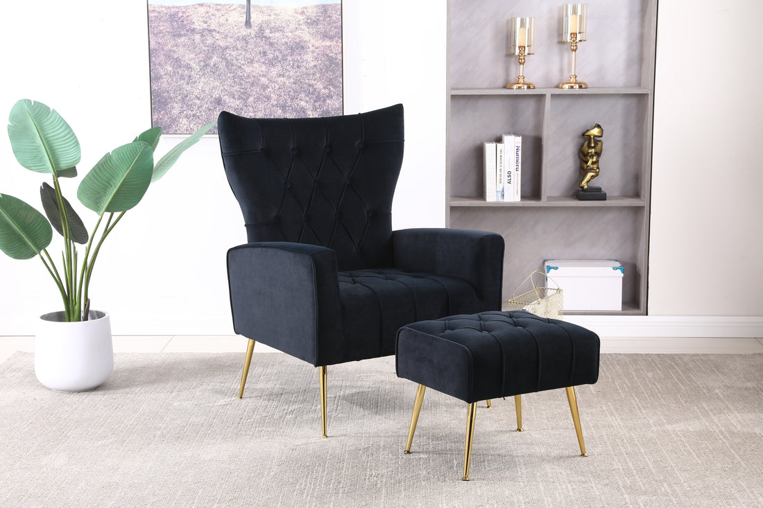 Modern Accent Chair With Ottoman, Comfy Armchair For Living Room, Bedroom, Apartment, Office Black Black Foam Velvet