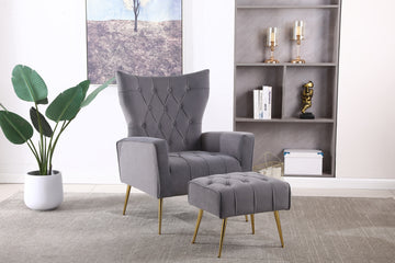 Modern Accent Chair With Ottoman, Comfy Armchair For Living Room, Bedroom, Apartment, Office Grey Black Foam Velvet