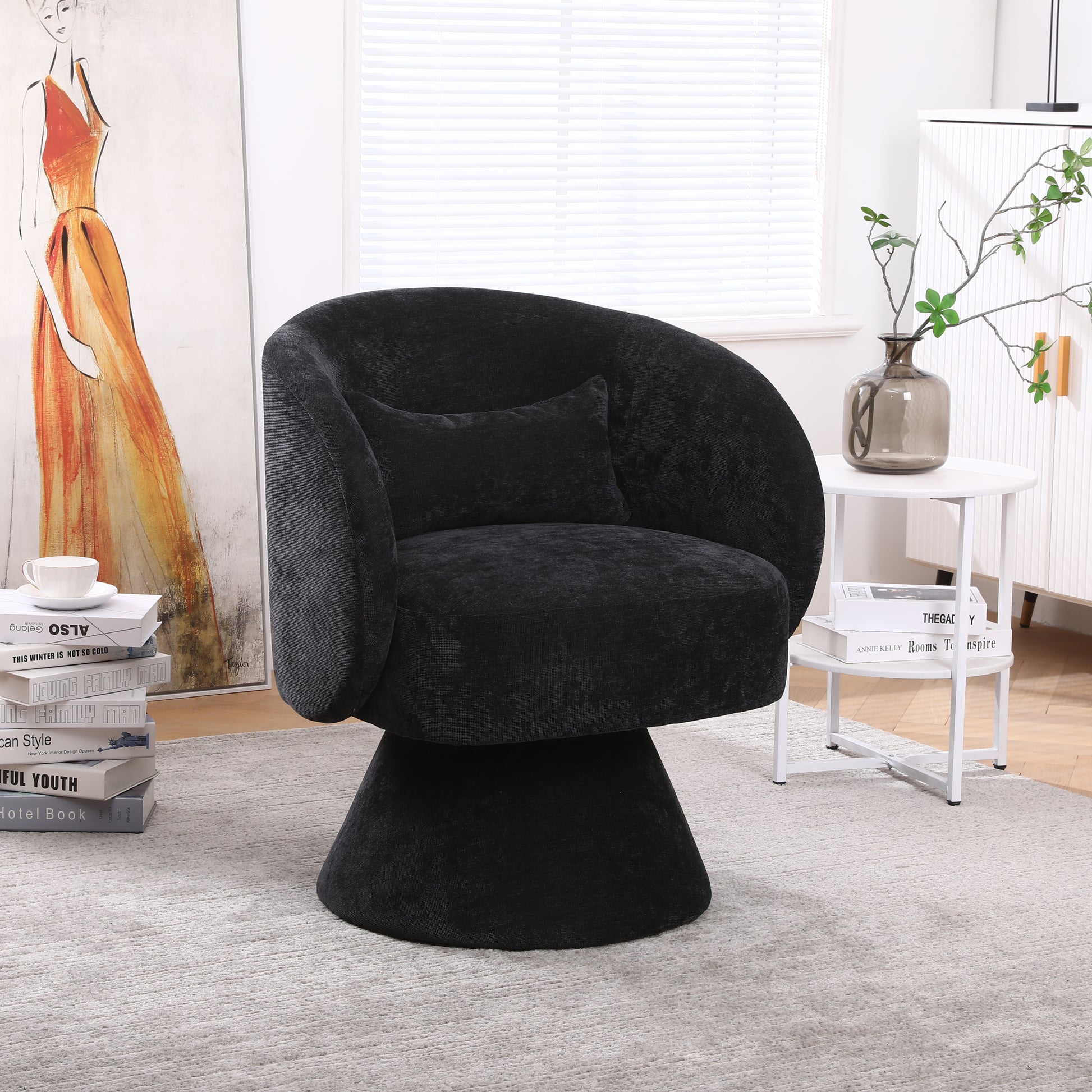 Swivel Accent Chair Armchair, Round Barrel Chair In Fabric For Living Room Bedroom Black Black Linen