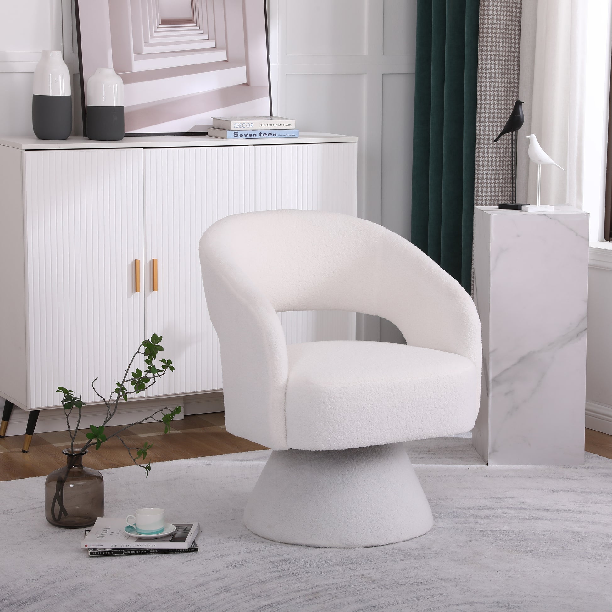 Swivel Accent Chair Armchair, Round Barrel Chair In Fabric For Living Room Bedroom,White White Foam Faux Fur