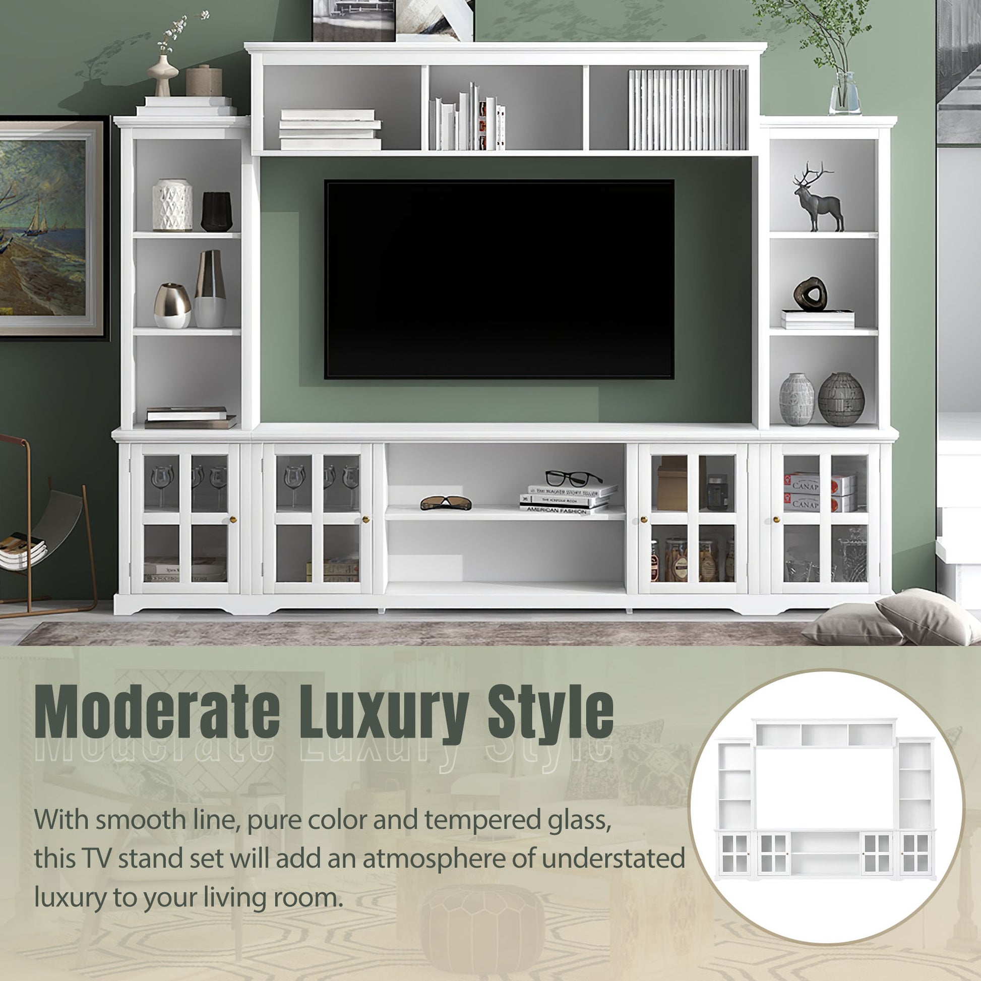Minimalism Entertainment Wall Unit With Bridge, Modern Tv Console Table For Tvs Up To 70", Multifunctional Tv Stand With Tempered Glass Door, White Old Sku: Sd000009Aak White 70 79 Inches Particle Board