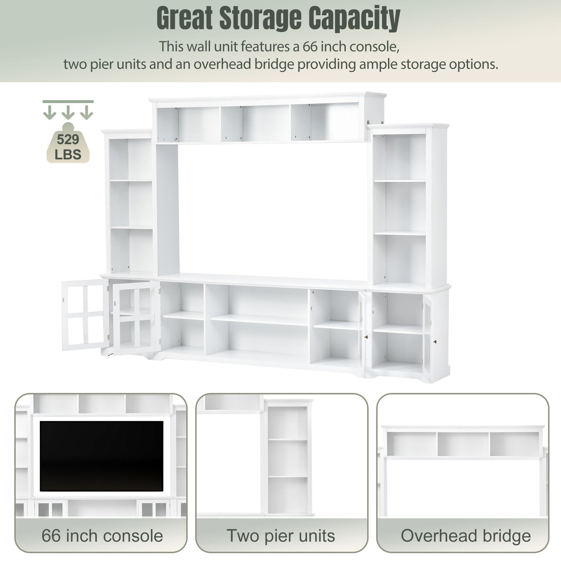 Minimalism Entertainment Wall Unit With Bridge, Modern Tv Console Table For Tvs Up To 70", Multifunctional Tv Stand With Tempered Glass Door, White Old Sku: Sd000009Aak White 70 79 Inches Particle Board