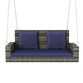 2 Person Wicker Hanging Porch Swing With Chains, Cushion, Pillow, Rattan Swing Bench For Garden, Backyard, Pond. Gray Wicker, Blue Cushion Blue Gray Wicker