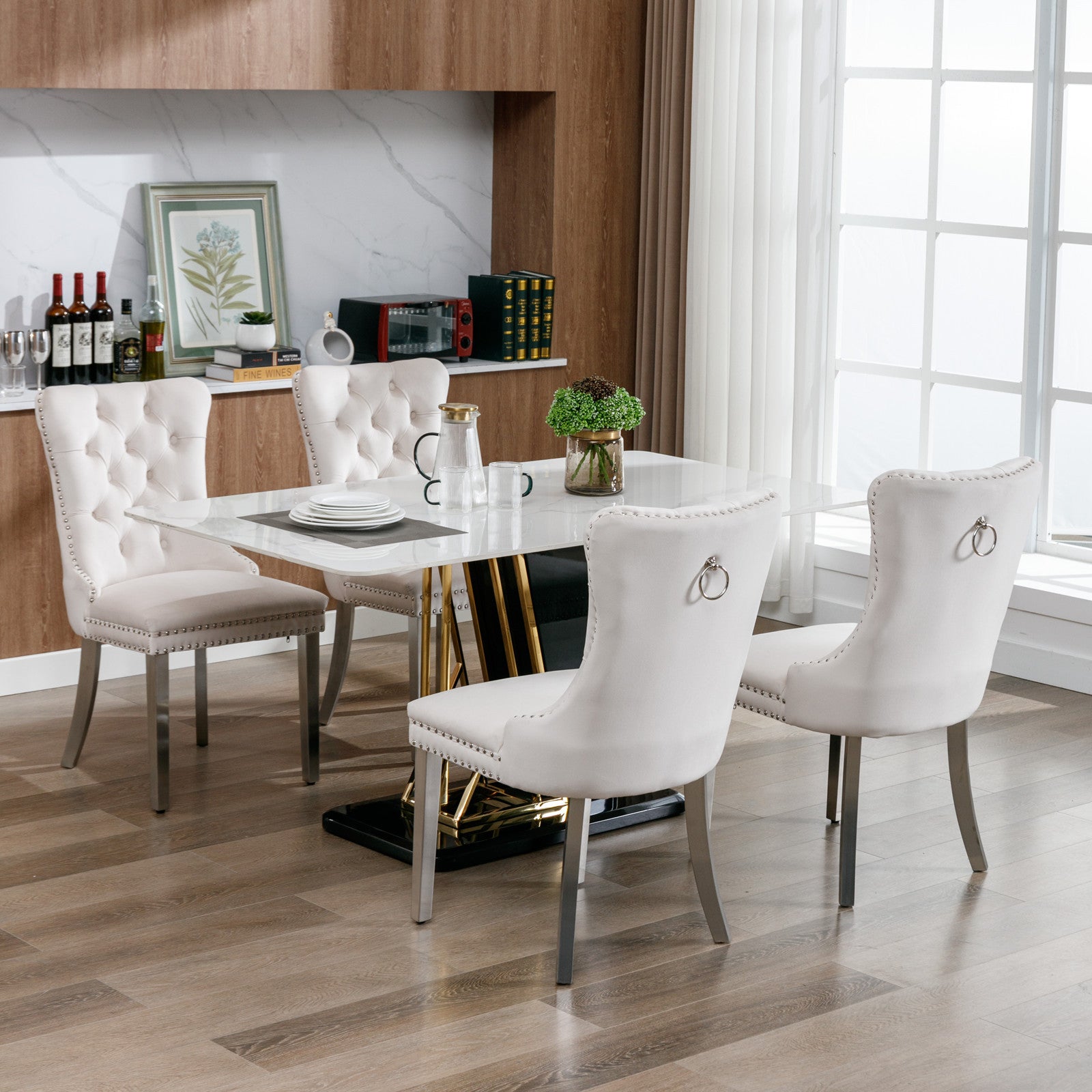 Nikki Collection Modern, High End Tufted Solid Wood Contemporary Velvet Upholstered Dining Chair With Chrome Stainless Steel Plating Legs,Nailhead Trim,Set Of 2 Beige And Chrome, Sw1701Bg Beige Foam Velvet