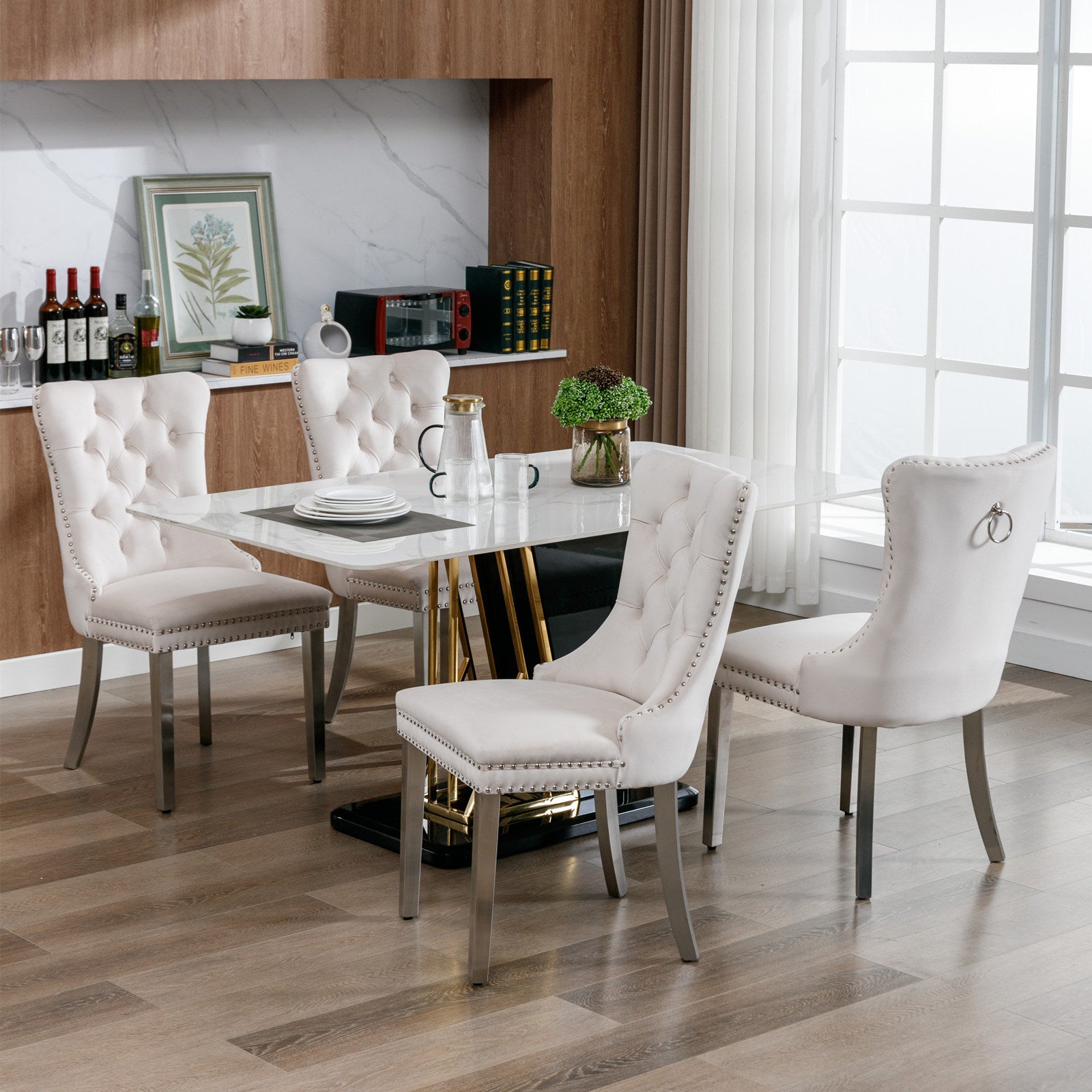 Nikki Collection Modern, High End Tufted Solid Wood Contemporary Velvet Upholstered Dining Chair With Chrome Stainless Steel Plating Legs,Nailhead Trim,Set Of 2 Beige And Chrome, Sw1701Bg Beige Foam Velvet