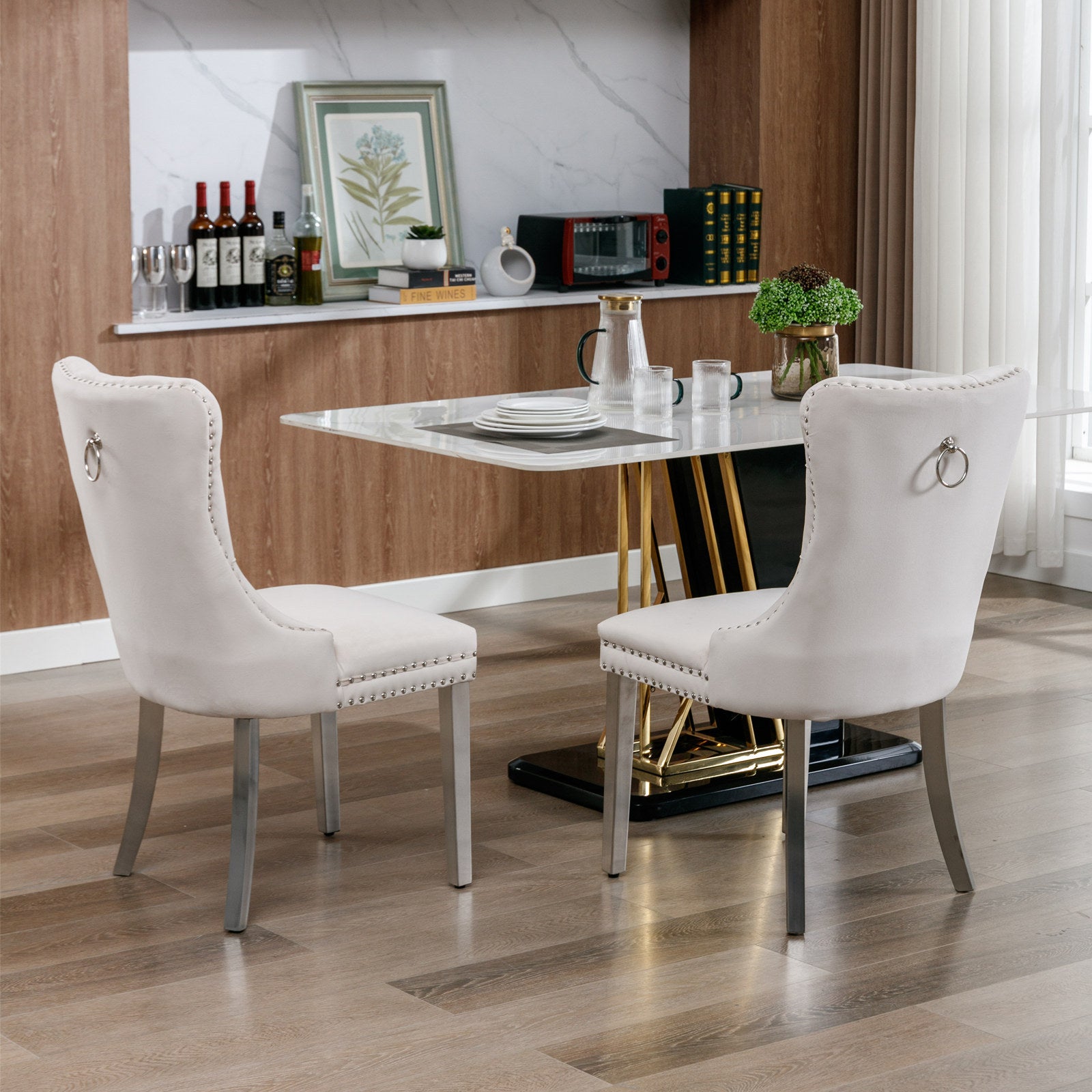 Nikki Collection Modern, High End Tufted Solid Wood Contemporary Velvet Upholstered Dining Chair With Chrome Stainless Steel Plating Legs,Nailhead Trim,Set Of 2 Beige And Chrome, Sw1701Bg Beige Foam Velvet