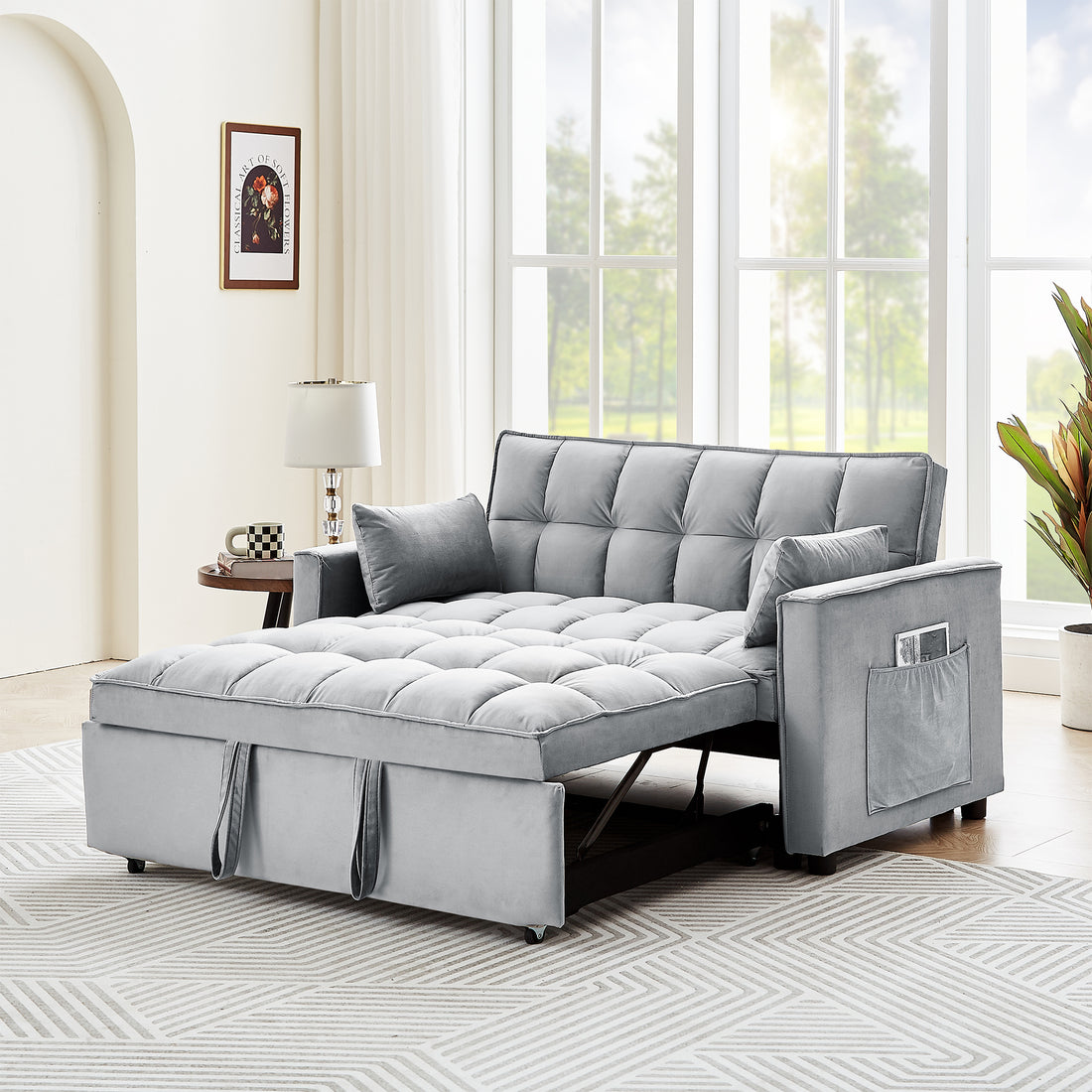 Sleeper Sofa Couch W Pull Out Bed, 55" Modern Velvet Convertible Sleeper Sofa Bed, Small Beautiful Seat Sofa Bed W Pillows & Side Pockets For Small Space, Living Room, Apartment,Gray Gray Velvet