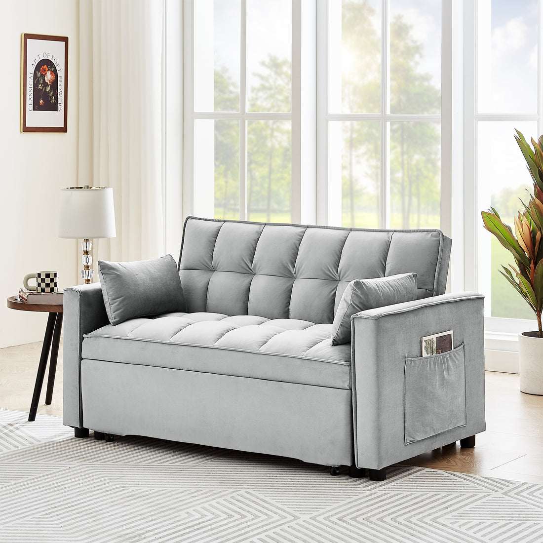Sleeper Sofa Couch W Pull Out Bed, 55" Modern Velvet Convertible Sleeper Sofa Bed, Small Beautiful Seat Sofa Bed W Pillows & Side Pockets For Small Space, Living Room, Apartment,Gray Gray Velvet