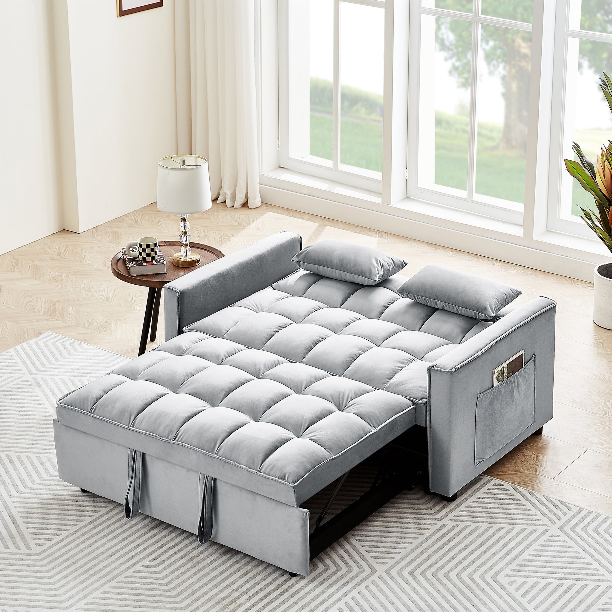 Sleeper Sofa Couch W Pull Out Bed, 55" Modern Velvet Convertible Sleeper Sofa Bed, Small Beautiful Seat Sofa Bed W Pillows & Side Pockets For Small Space, Living Room, Apartment,Gray Gray Velvet