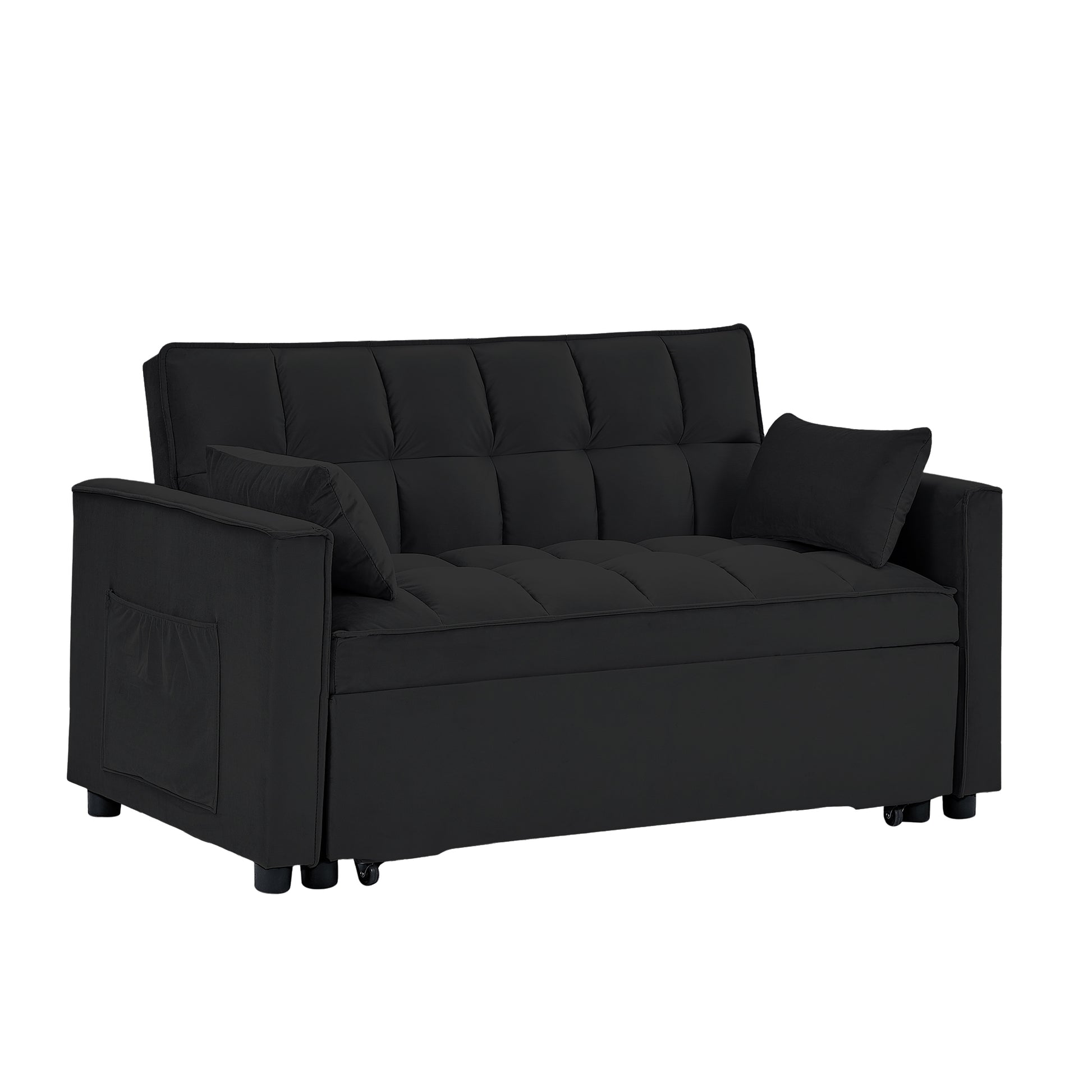 Sleeper Sofa Couch W Pull Out Bed, 55" Modern Velvet Convertible Sleeper Sofa Bed, Small Beautiful Seat Sofa Bed W Pillows & Side Pockets For Small Space, Living Room, Apartment,Black Black Velvet