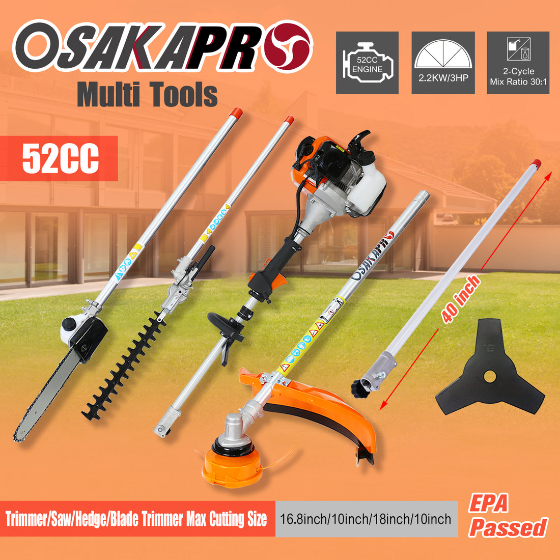 12 In 1 Multi Functional Trimming Tool, 52Cc 2 Cycle Garden Tool System With Gas Pole Saw, Hedge Trimmer, Grass Trimmer, And Brush Cutter Epa Compliant Orange Plastic