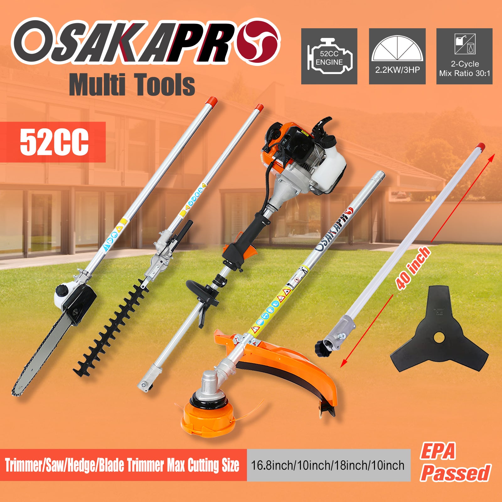12 In 1 Multi Functional Trimming Tool, 52Cc 2 Cycle Garden Tool System With Gas Pole Saw, Hedge Trimmer, Grass Trimmer, And Brush Cutter Epa Compliant Orange Plastic