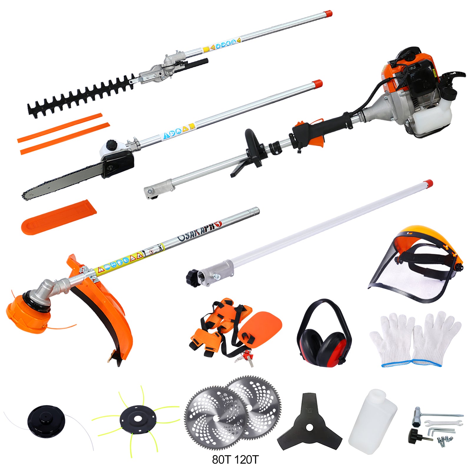 12 In 1 Multi Functional Trimming Tool, 52Cc 2 Cycle Garden Tool System With Gas Pole Saw, Hedge Trimmer, Grass Trimmer, And Brush Cutter Epa Compliant Orange Plastic