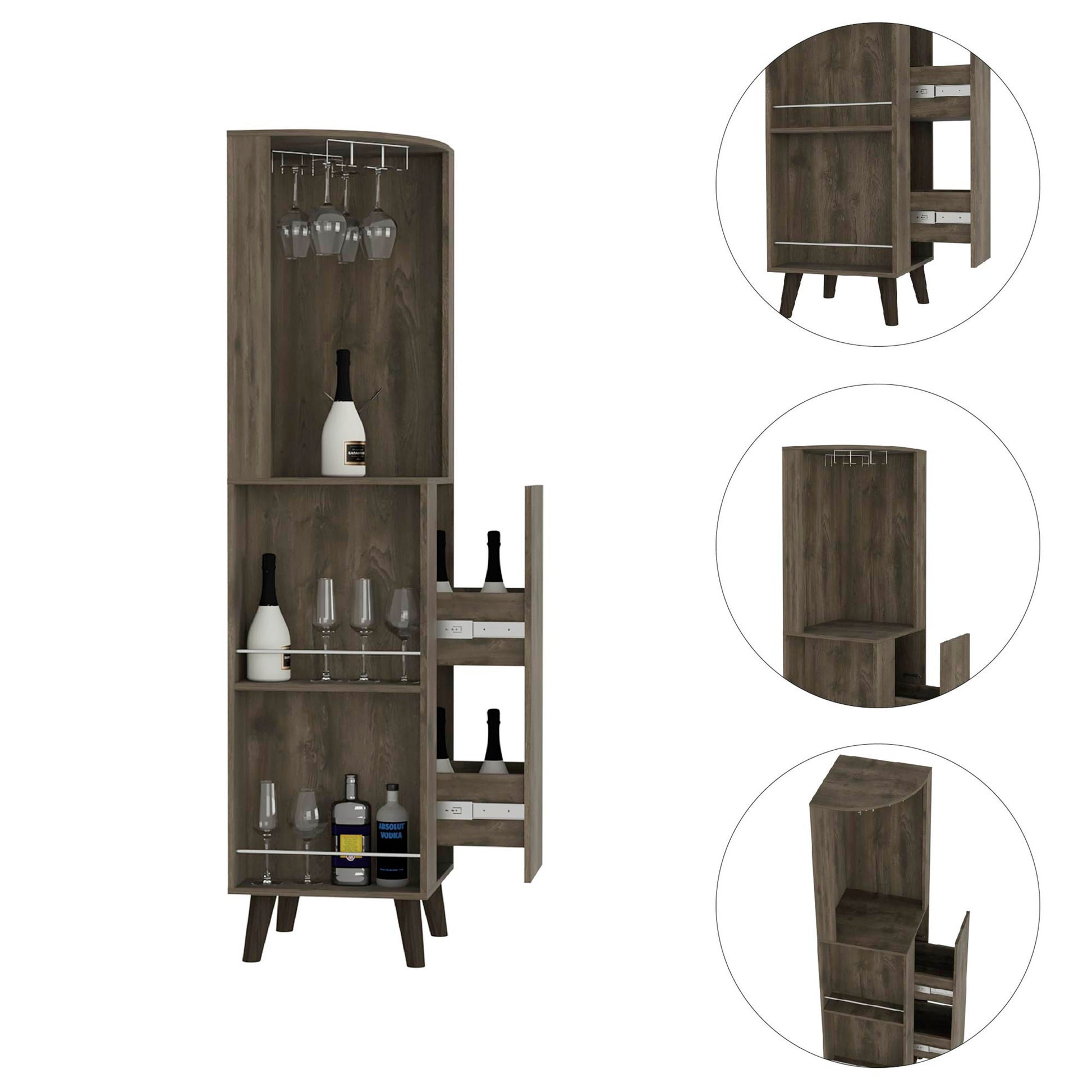 Cincinatti Corner Bar Cabinet, Cup Rack, Two External Shelves, One Drawer, Four Legs Dark Brown Brown Particle Board Particle Board