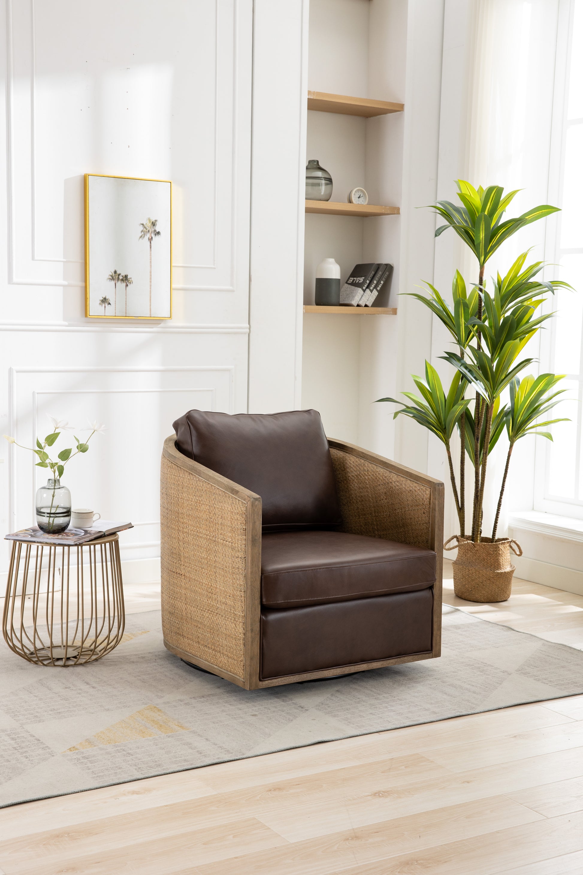 Coolmore Swivel Barrel Chair, Comfy Round Accent Sofa Chair For Living Room, 360 Degree Swivel Barrel Club Chair, Leisure Arm Chair For Nursery, Hotel, Bedroom, Office, Lounge Brown Boucle Brown Foam Leather