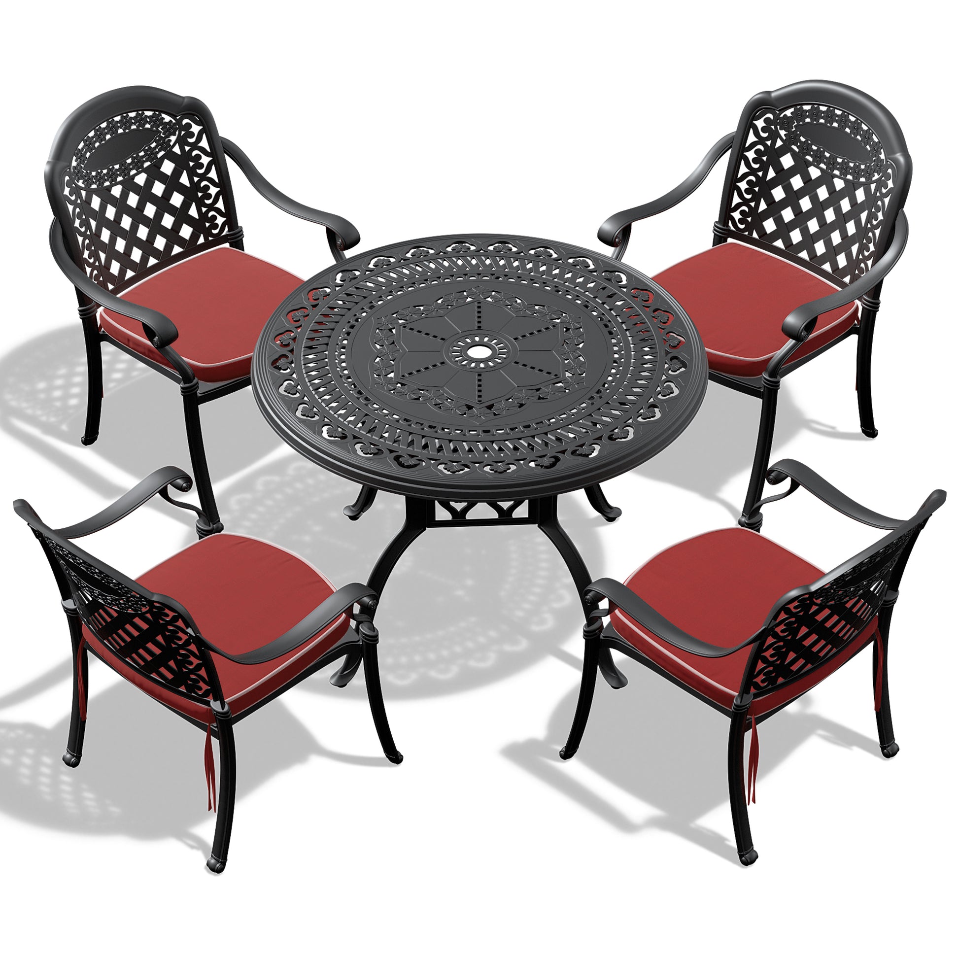 Cushions In Random Colors 5 Piece Set Of Cast Aluminum Patio Furniture With Cushions Yes Dining Set Black Seats 4 Rust Resistant Frame Water Resistant Cushion Garden & Outdoor Complete Patio Sets Aluminium
