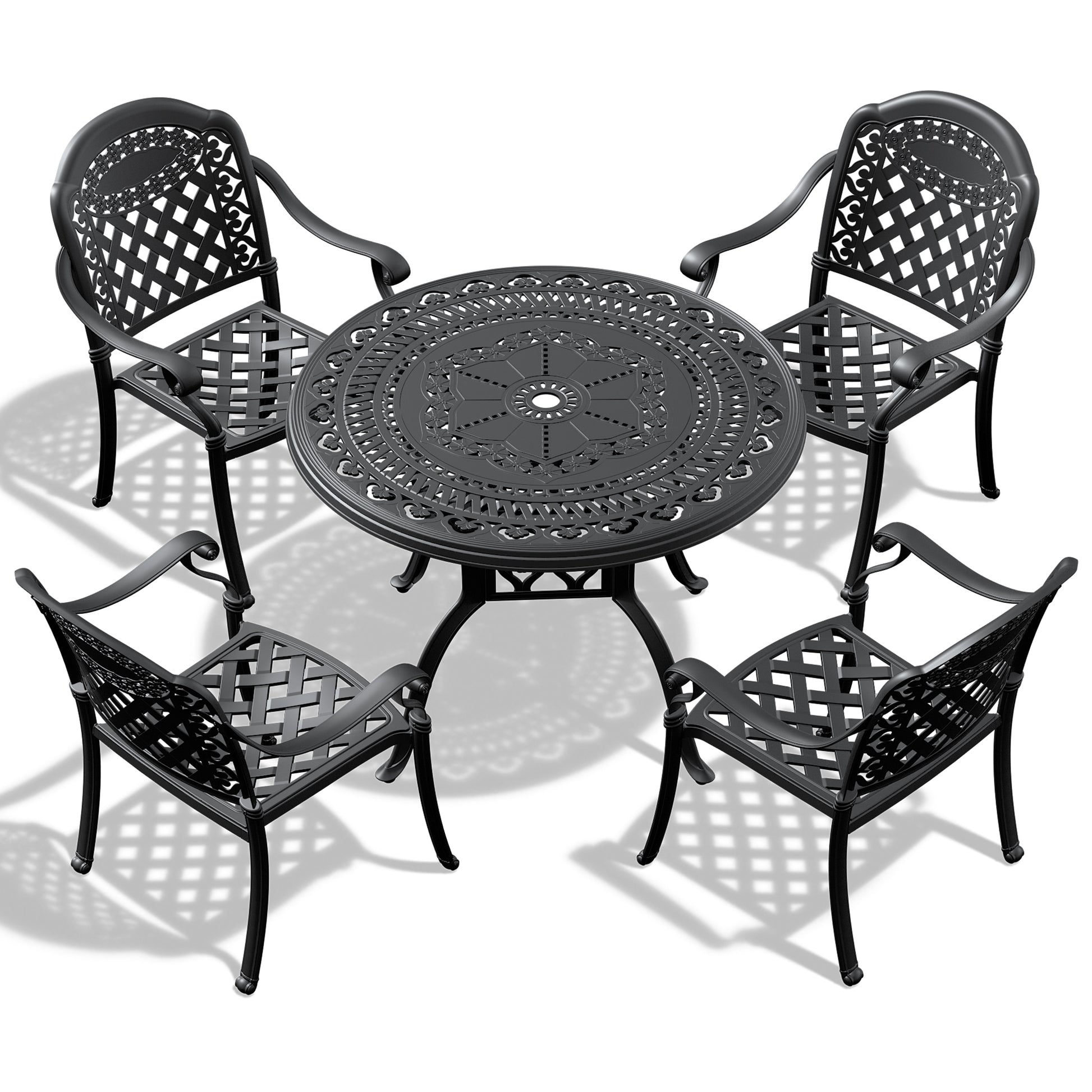 Cushions In Random Colors 5 Piece Set Of Cast Aluminum Patio Furniture With Cushions Yes Dining Set Black Seats 4 Rust Resistant Frame Water Resistant Cushion Garden & Outdoor Complete Patio Sets Aluminium